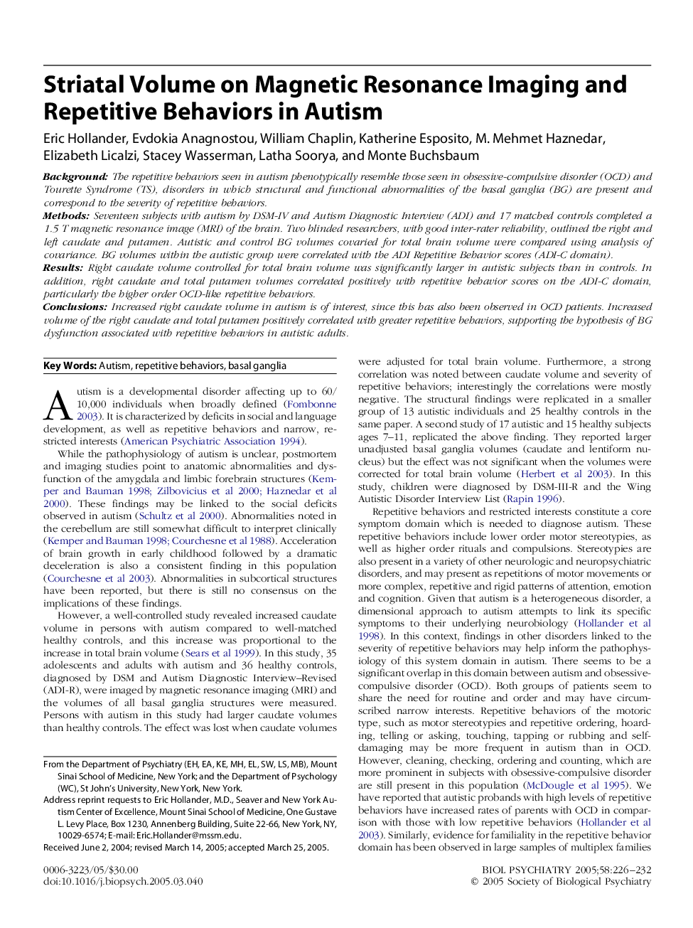 Striatal Volume on Magnetic Resonance Imaging and Repetitive Behaviors in Autism