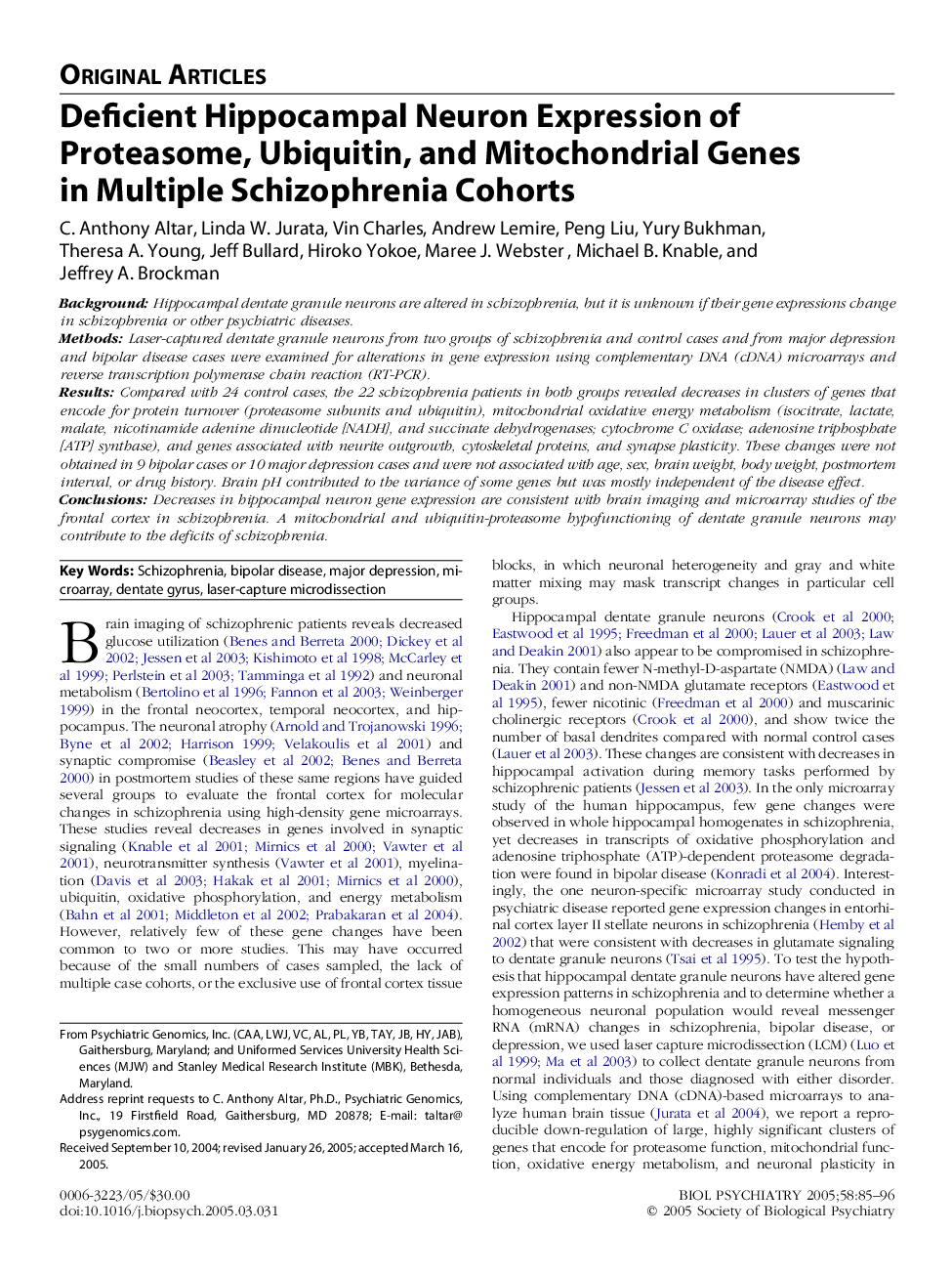 عکس صفحه اول مقاله: Deficient Hippocampal Neuron Expression of Proteasome, Ubiquitin, and Mitochondrial Genes in Multiple Schizophrenia Cohorts Deficient Hippocampal Neuron Expression of Proteasome, Ubiquitin, and Mitochondrial Genes in Multiple Schizophrenia Cohorts