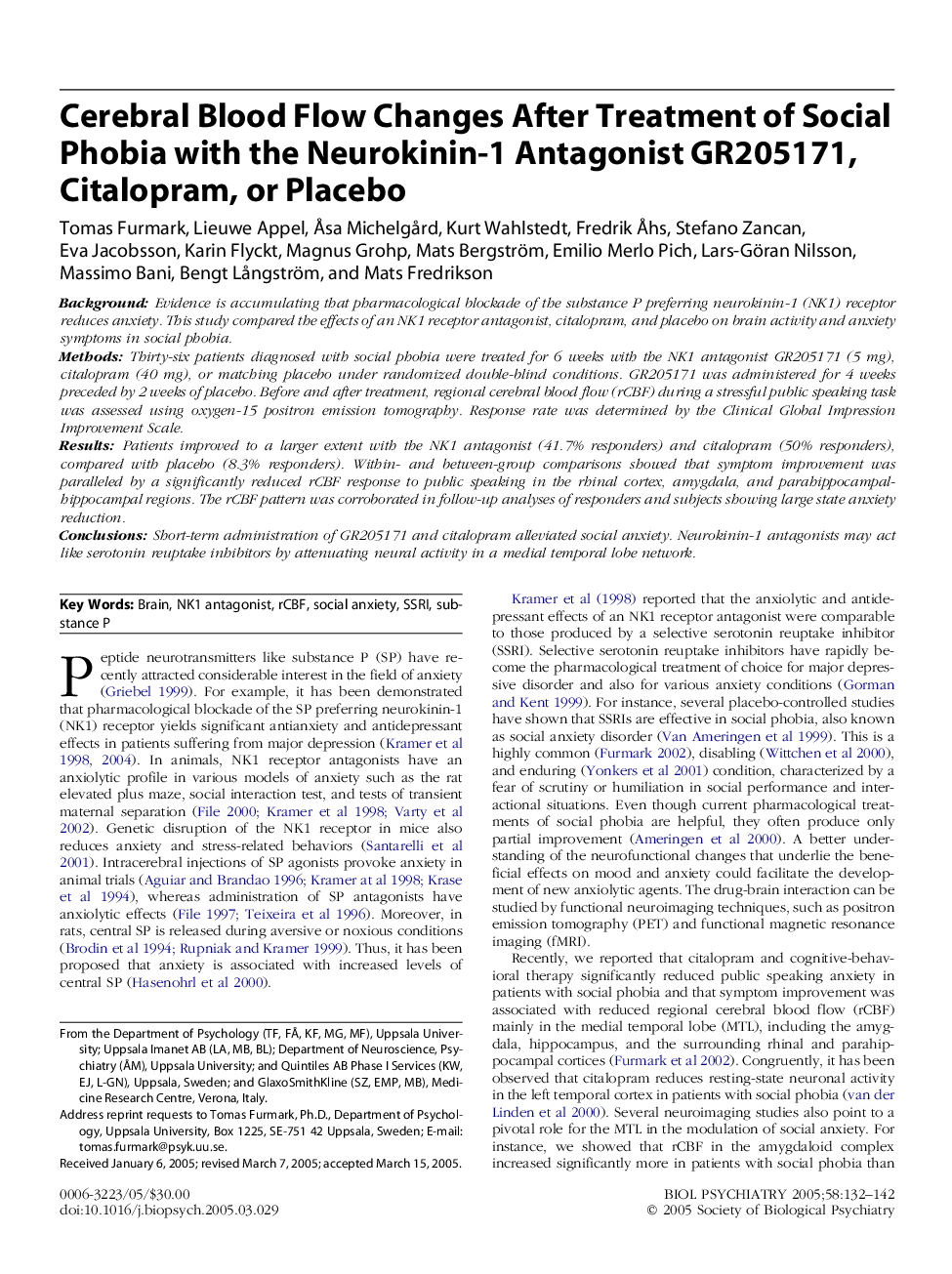 Cerebral Blood Flow Changes After Treatment of Social Phobia with the Neurokinin-1 Antagonist GR205171, Citalopram, or Placebo