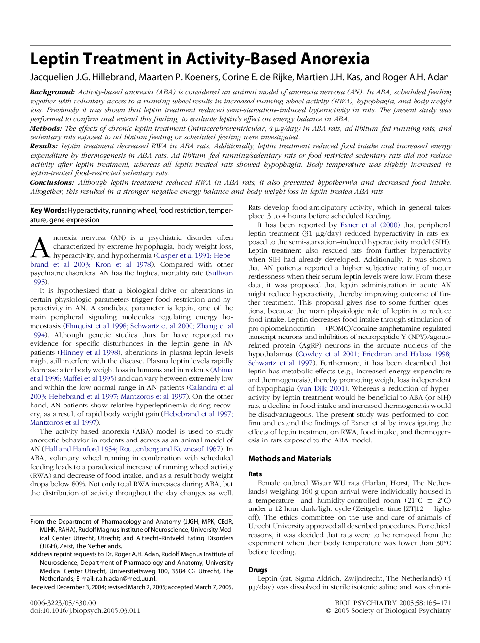 Leptin Treatment in Activity-Based Anorexia