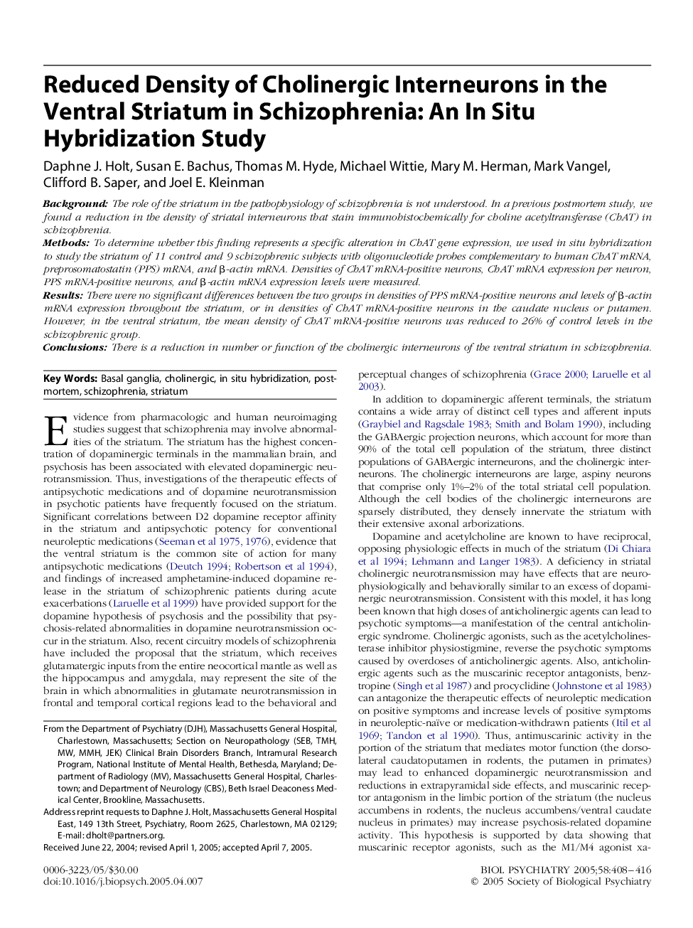 Reduced Density of Cholinergic Interneurons in the Ventral Striatum in Schizophrenia: An In Situ Hybridization Study