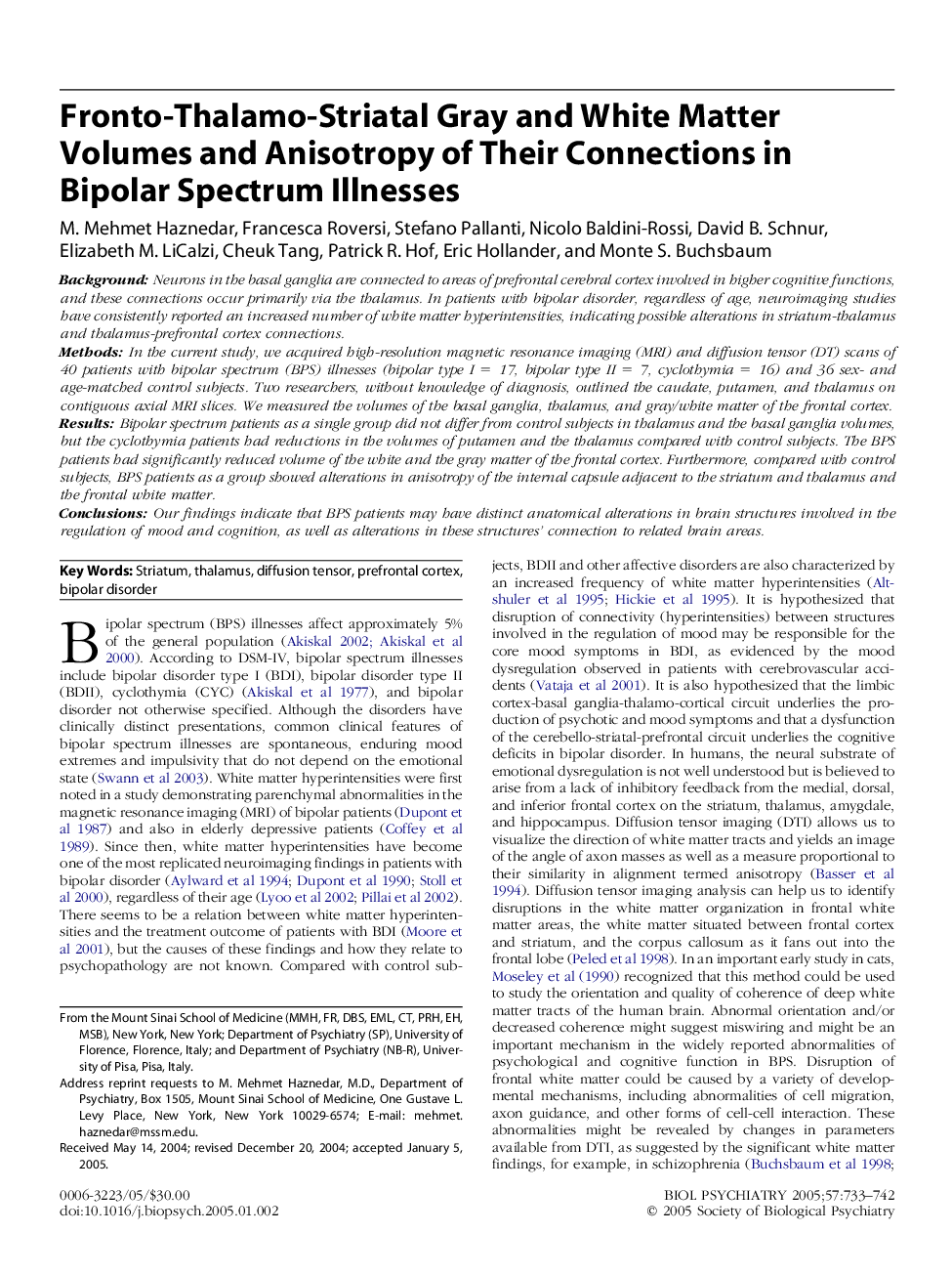 Fronto-thalamo-striatal gray and white matter volumes and anisotropy of their connections in bipolar spectrum illnesses