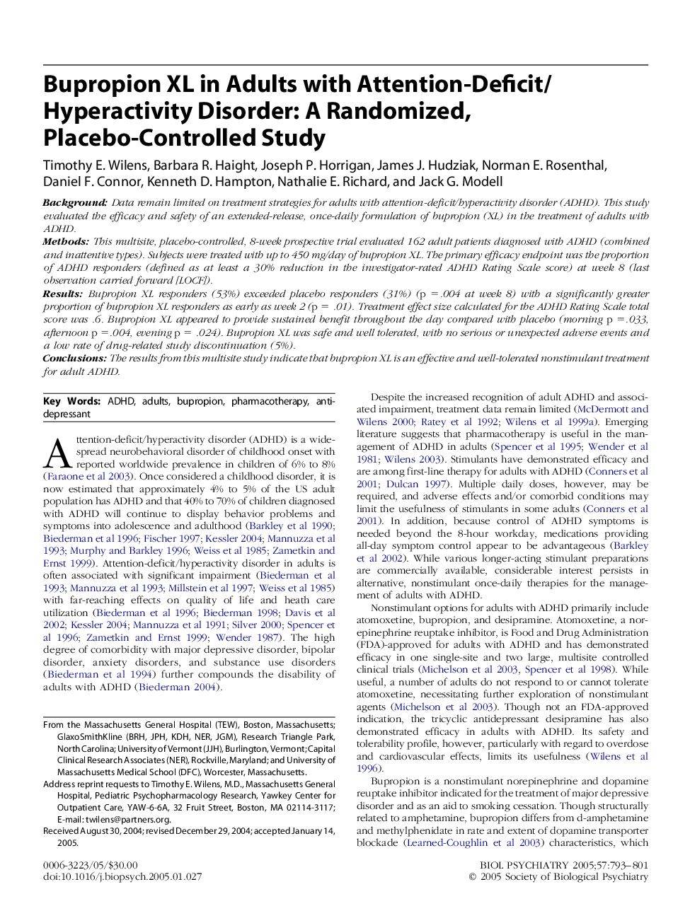 Bupropion XL in adults with attention-deficit/hyperactivity disorder: A randomized, placebo-controlled study