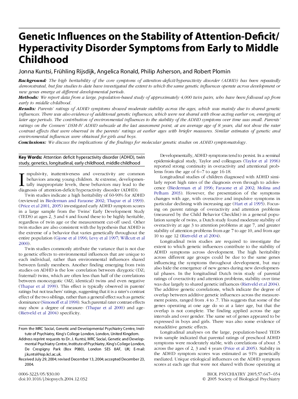 Genetic influences on the stability of attention-deficit/hyperactivity disorder symptoms from early to middle childhood