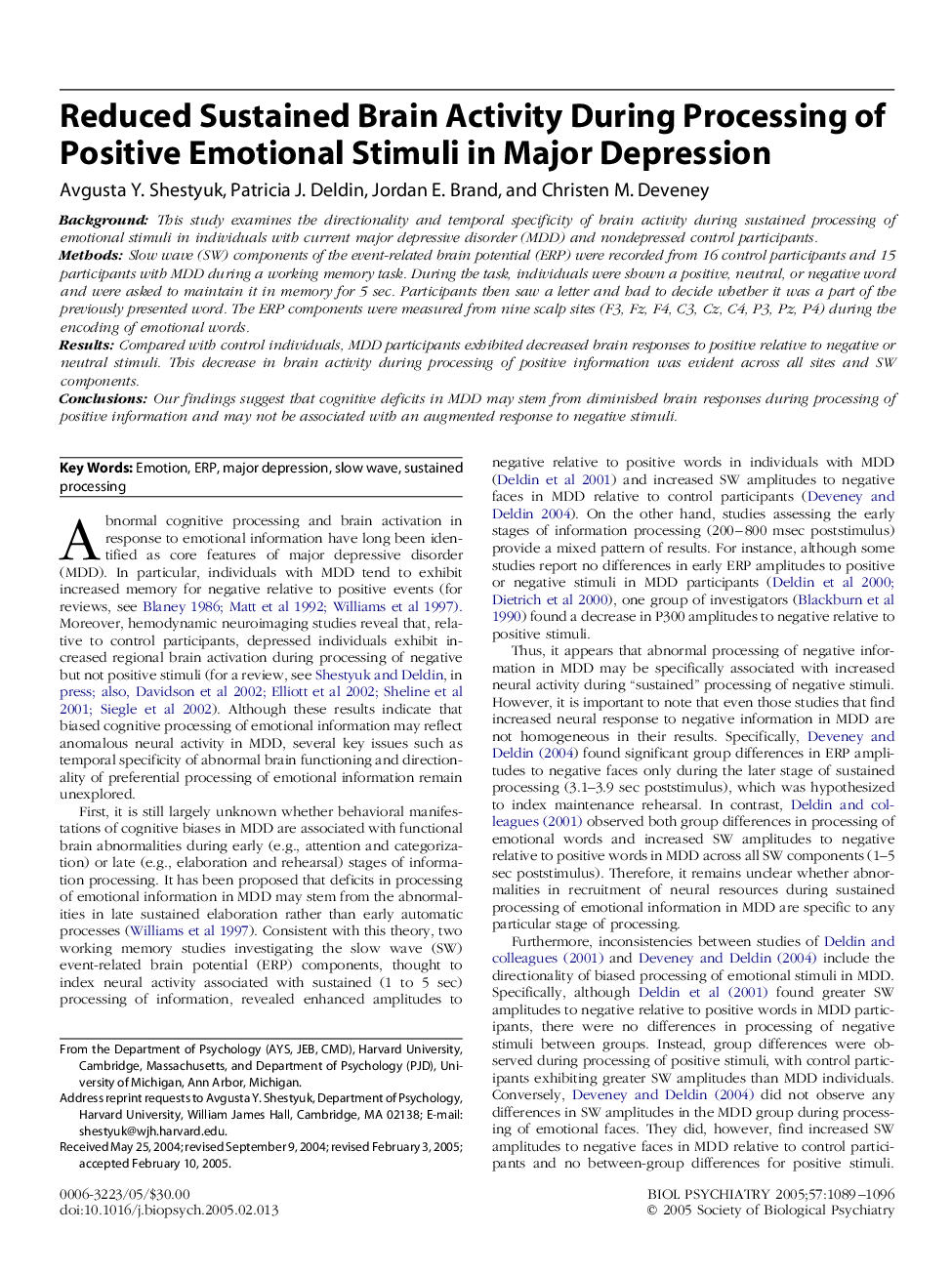 Reduced Sustained Brain Activity During Processing of Positive Emotional Stimuli in Major Depression