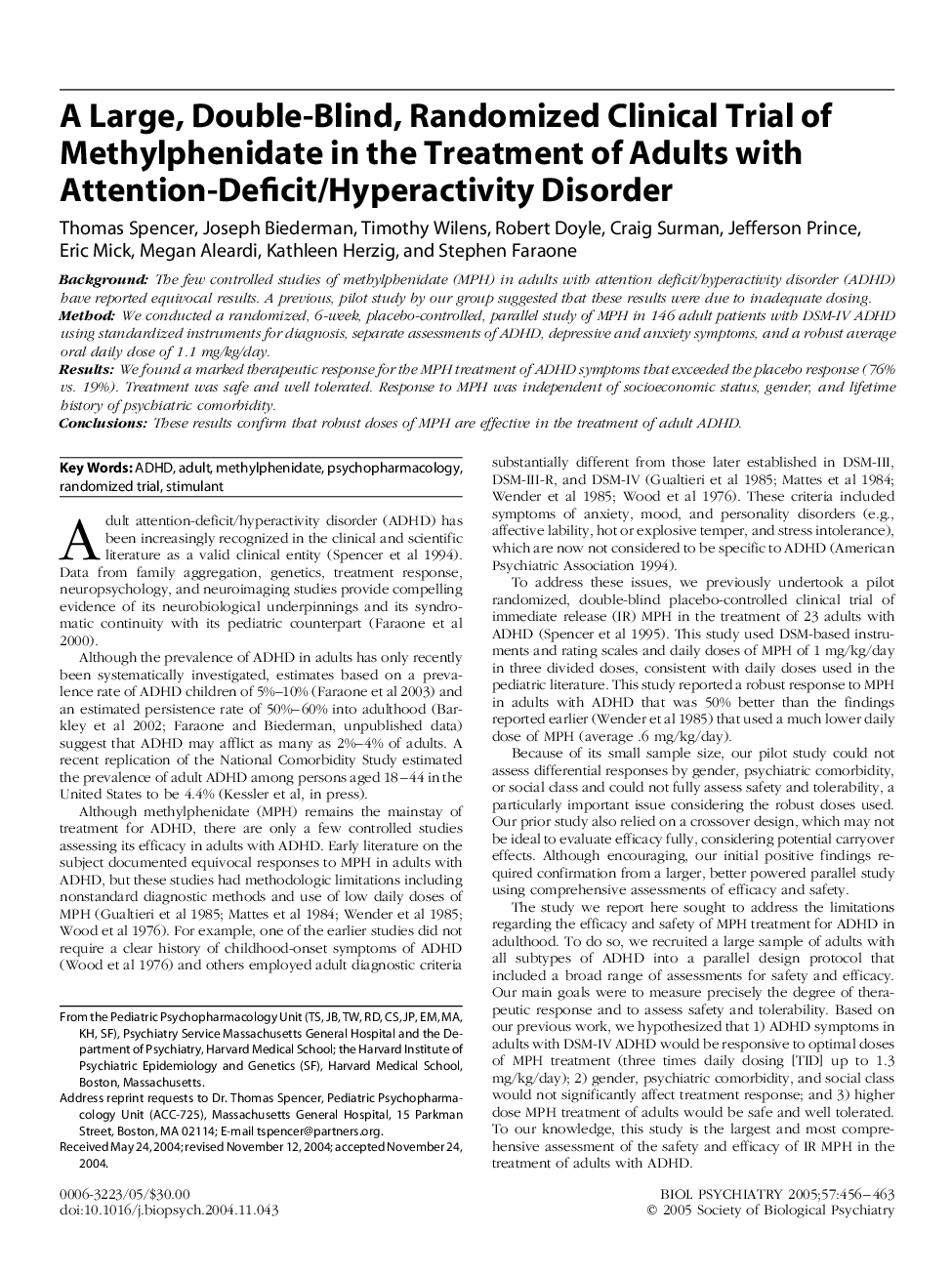 A large, double-blind, randomized clinical trial of methylphenidate in the treatment of adults with attention-deficit/hyperactivity disorder