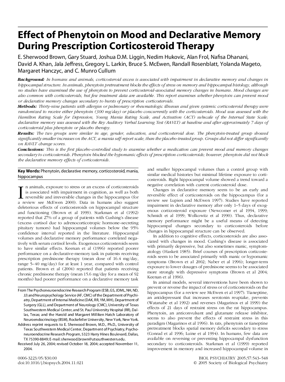 Effect of phenytoin on mood and declarative memory during prescription corticosteroid therapy