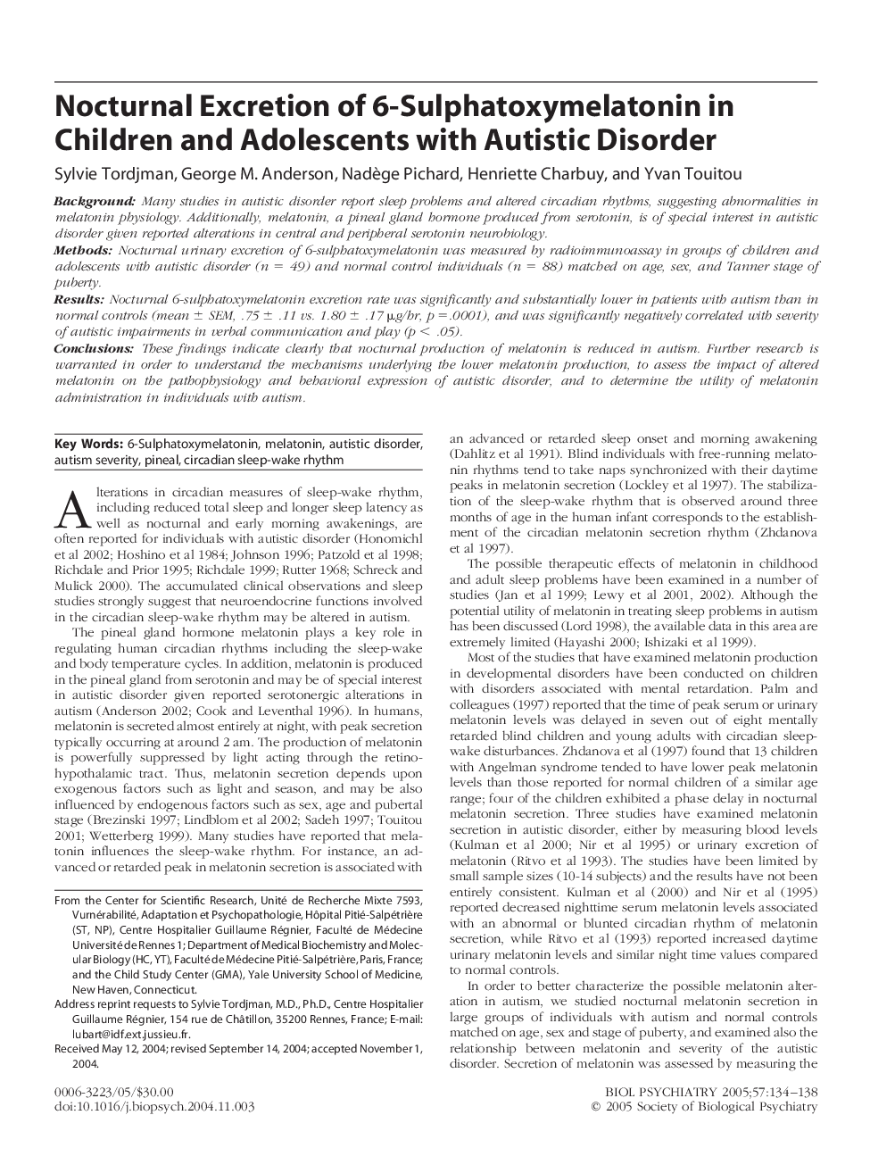 Nocturnal excretion of 6-sulphatoxymelatonin in children and adolescents with autistic disorder