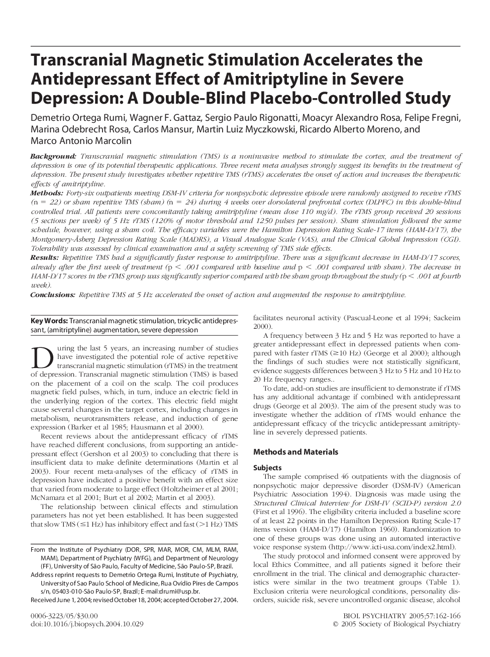 Transcranial magnetic stimulation accelerates the antidepressant effect of amitriptyline in severe depression: A double-blind placebo-controlled study