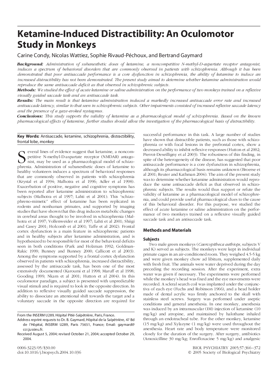 Ketamine-induced distractibility: An oculomotor study in monkeys