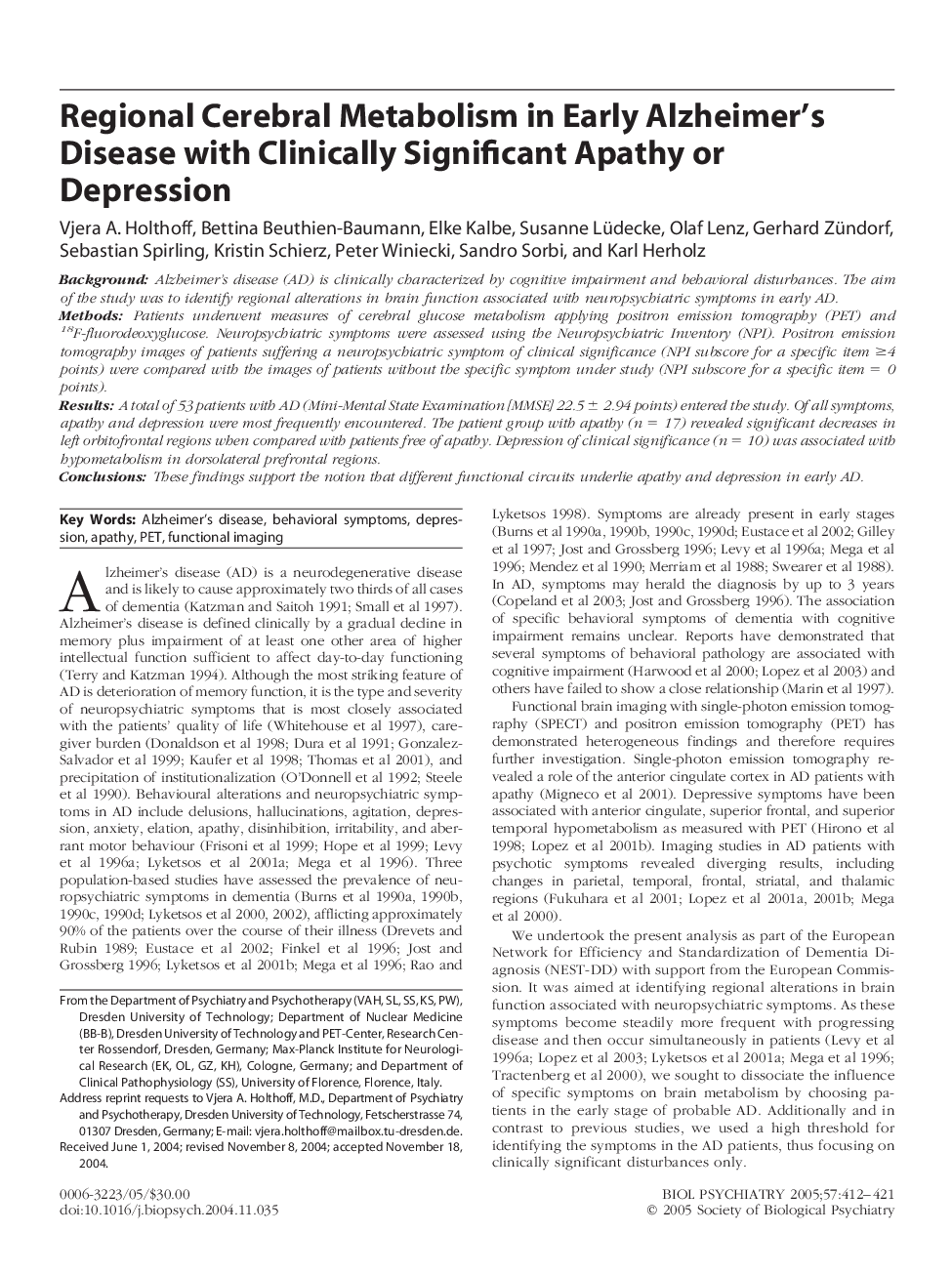 Regional cerebral metabolism in early Alzheimer's disease with clinically significant apathy or depression