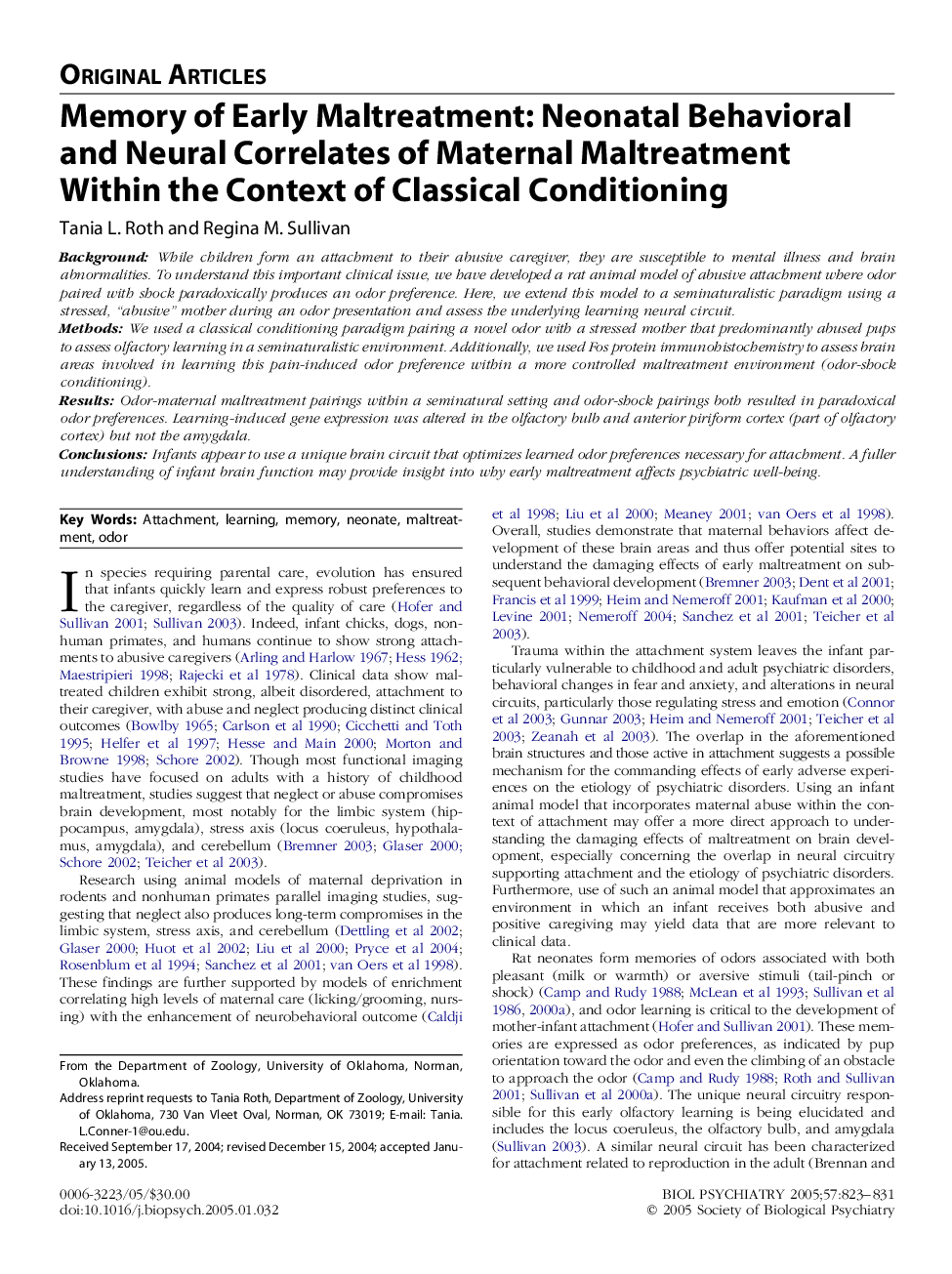 Memory of early maltreatment: Neonatal behavioral and neural correlates of maternal maltreatment within the context of classical conditioning