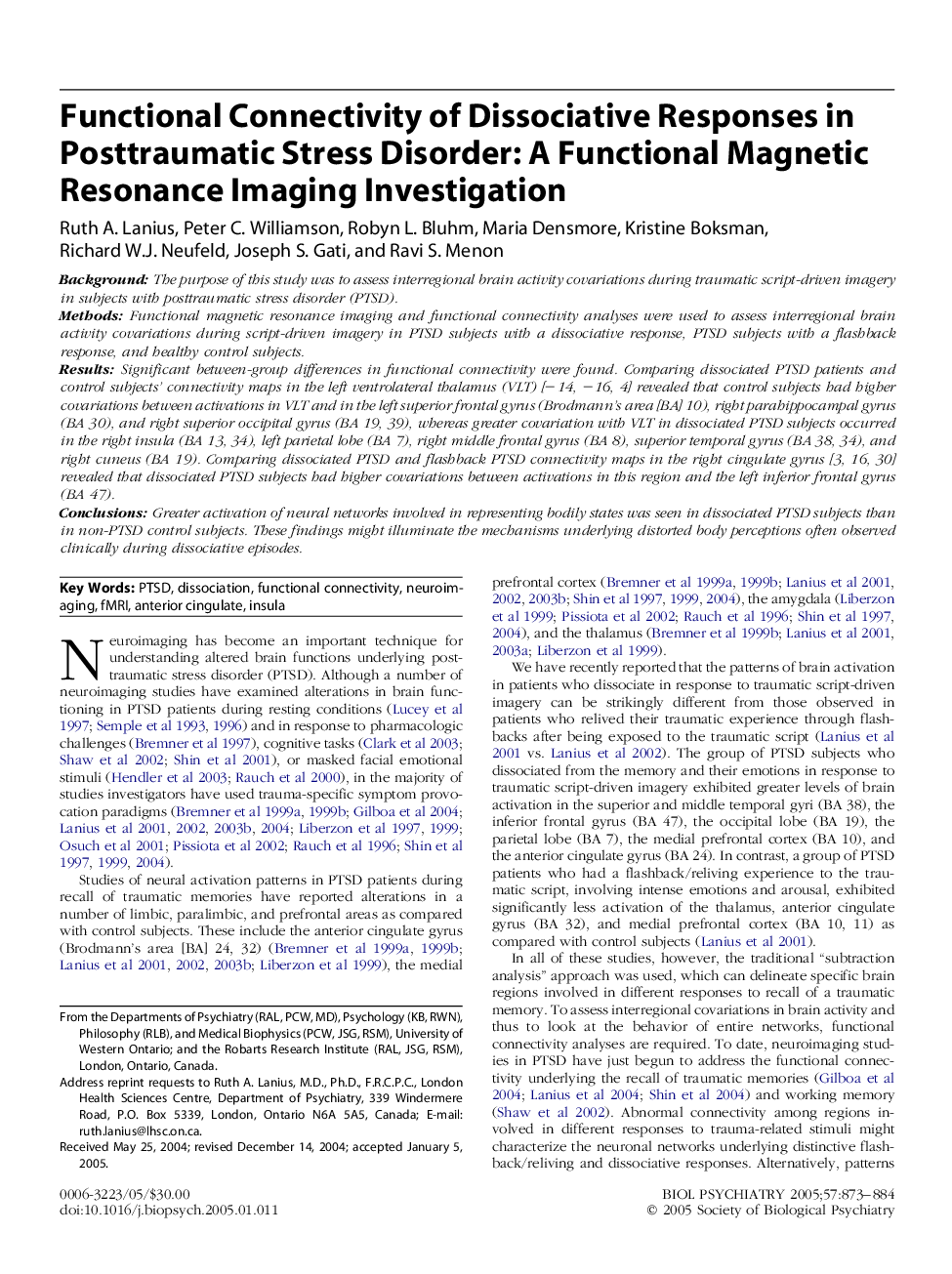 Functional connectivity of dissociative responses in posttraumatic stress disorder: A functional magnetic resonance imaging investigation