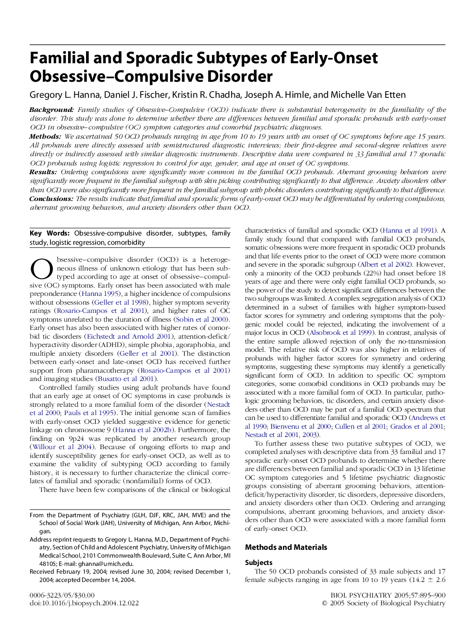 Familial and sporadic subtypes of early-onset Obsessive-Compulsive disorder