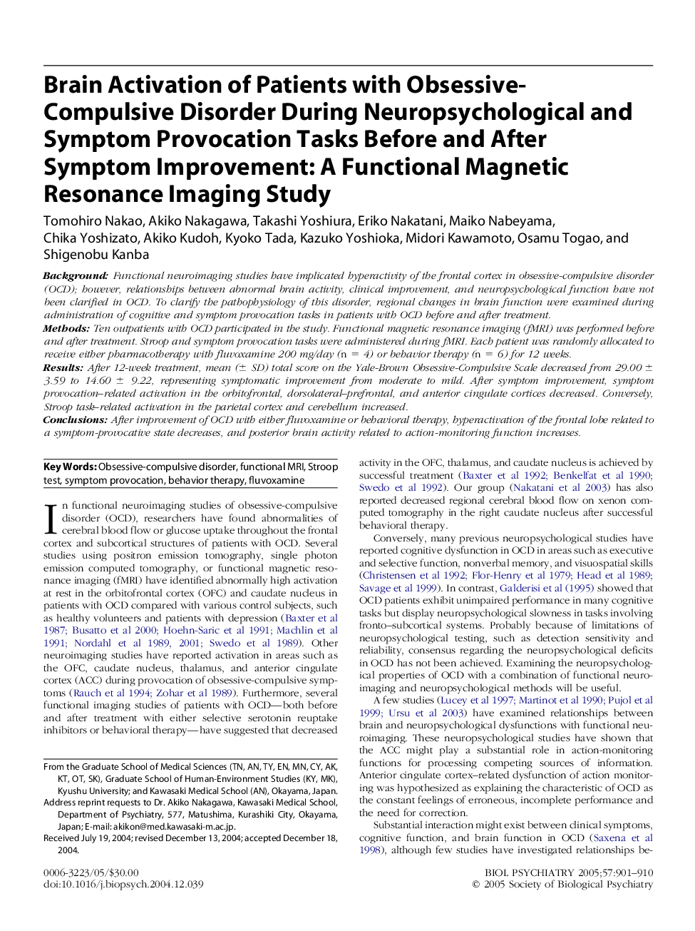 Brain activation of patients with obsessive-compulsive disorder during neuropsychological and symptom provocation tasks before and after symptom improvement: A functional magnetic resonance imaging study