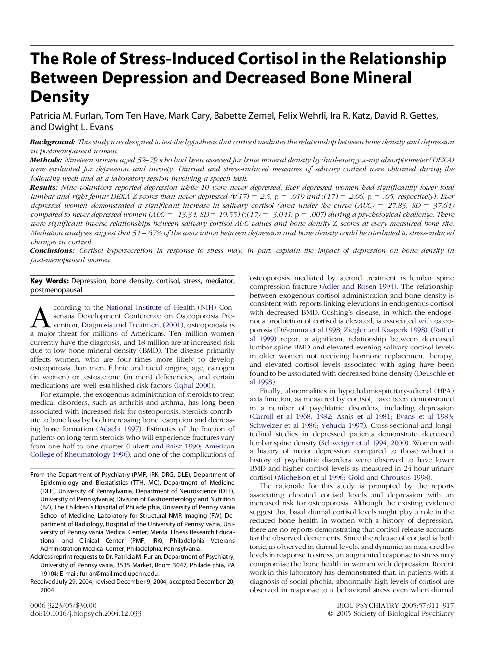 The role of stress-induced cortisol in the relationship between depression and decreased bone mineral density