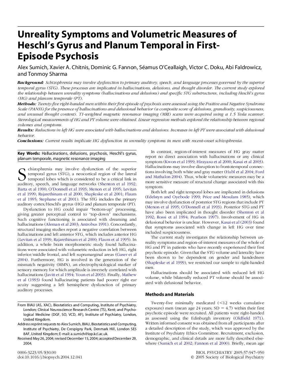 Unreality symptoms and volumetric measures of Heschl's gyrus and planum temporal in first-episode psychosis