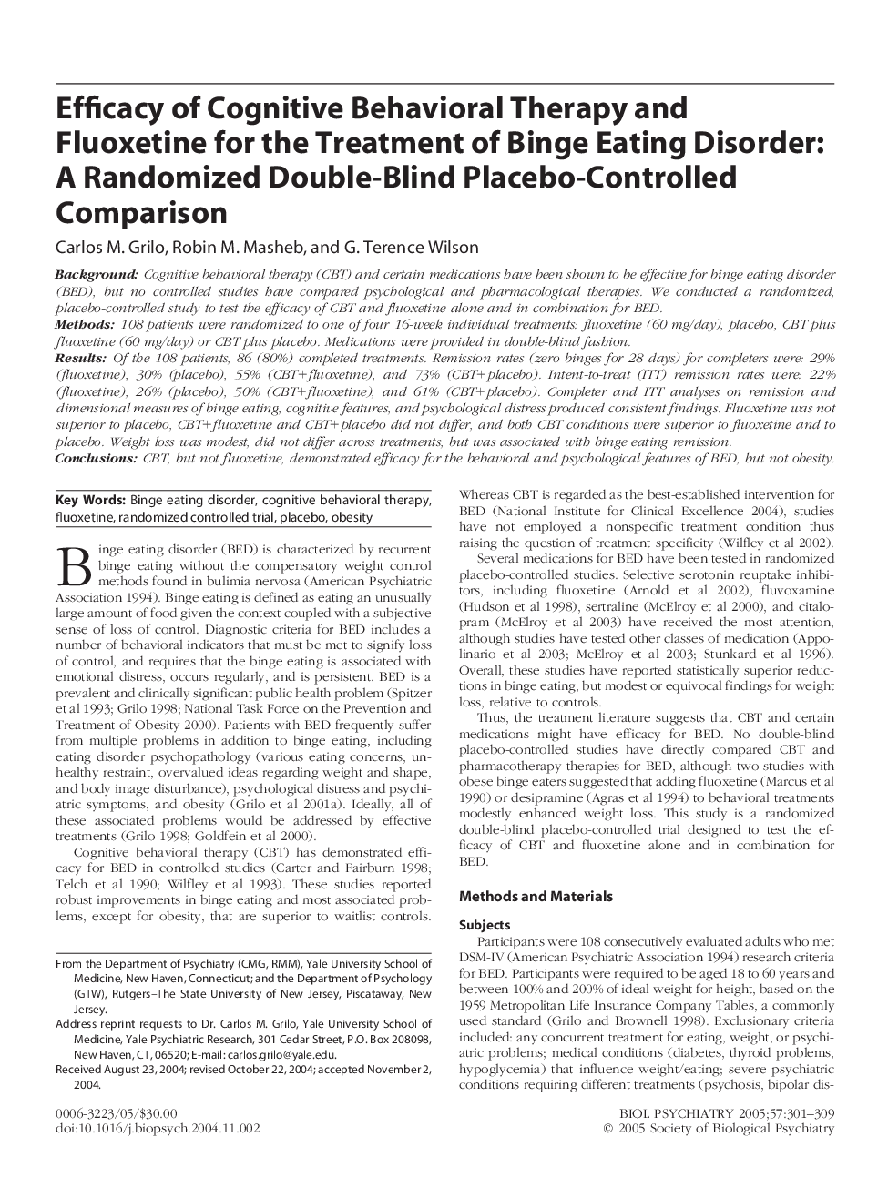 Efficacy of cognitive behavioral therapy and fluoxetine for the treatment of binge eating disorder: A randomized double-blind placebo-controlled comparison