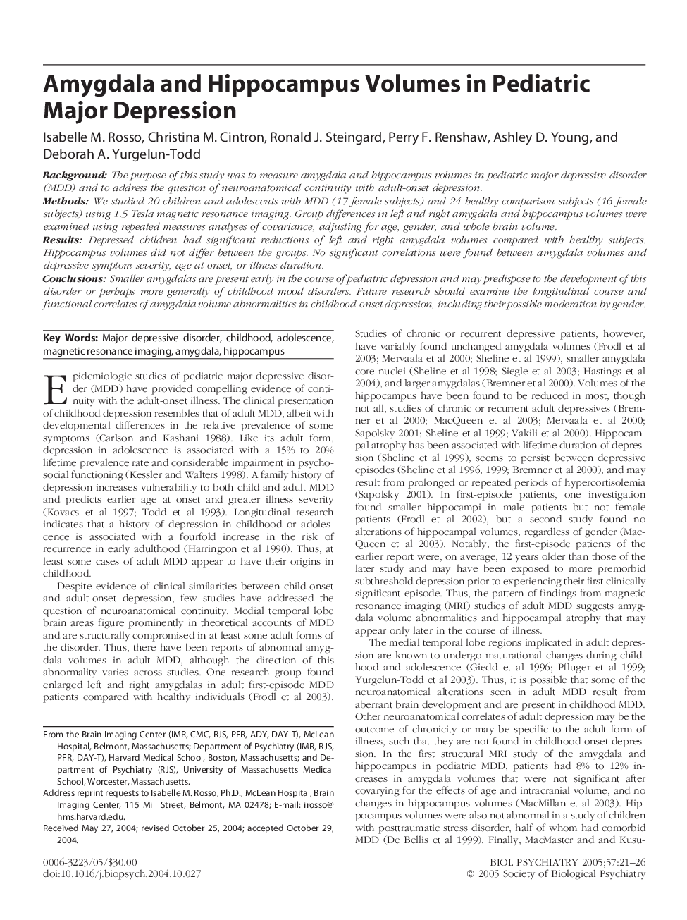 Amygdala and hippocampus volumes in pediatric major depression