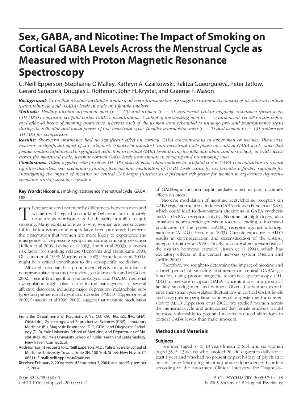 عکس صفحه اول مقاله: Sex, GABA, and nicotine: The impact of smoking on cortical GABA levels across the menstrual cycle as measured with proton magnetic resonance spectroscopy Sex, GABA, and nicotine: The impact of smoking on cortical GABA levels across the menstrual cycle as measured with proton magnetic resonance spectroscopy