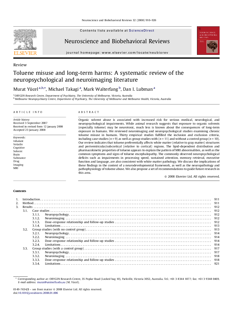 Toluene misuse and long-term harms: A systematic review of the neuropsychological and neuroimaging literature