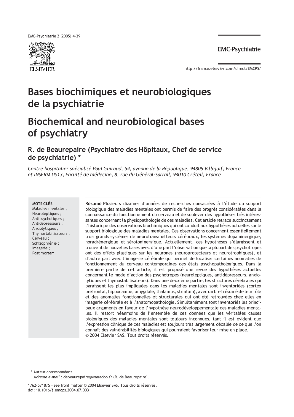 Bases biochimiques et neurobiologiques de la psychiatrie