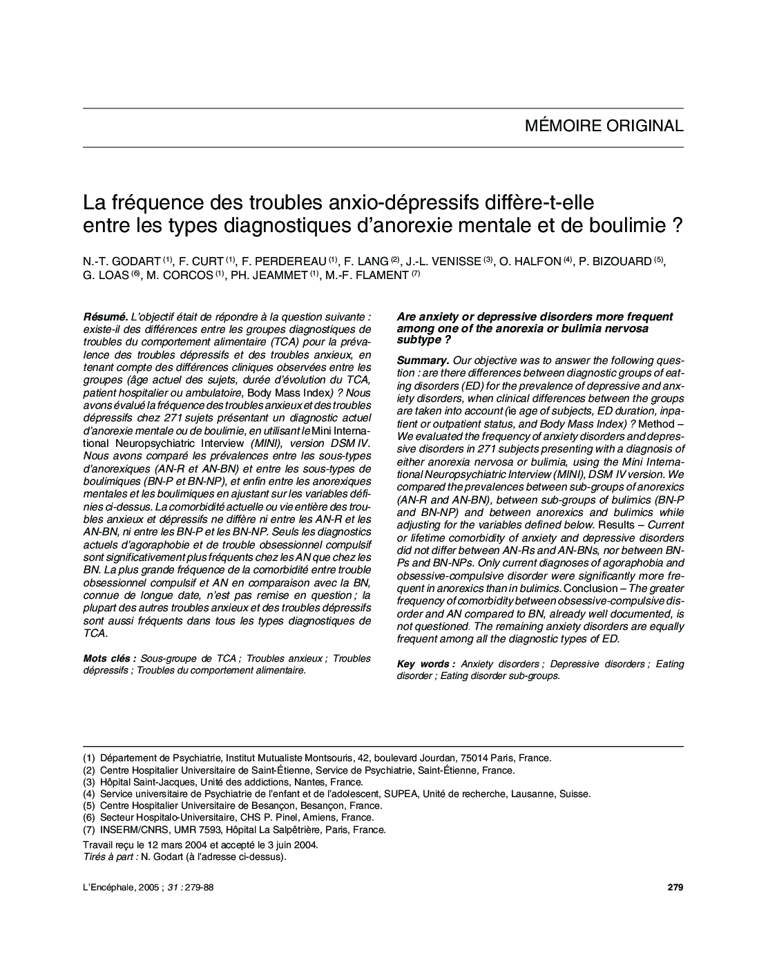 La fréquence des troubles anxio-dépressifs diffÃ¨re-t-elle entre les types diagnostiques d'anorexie mentale et de boulimie ?