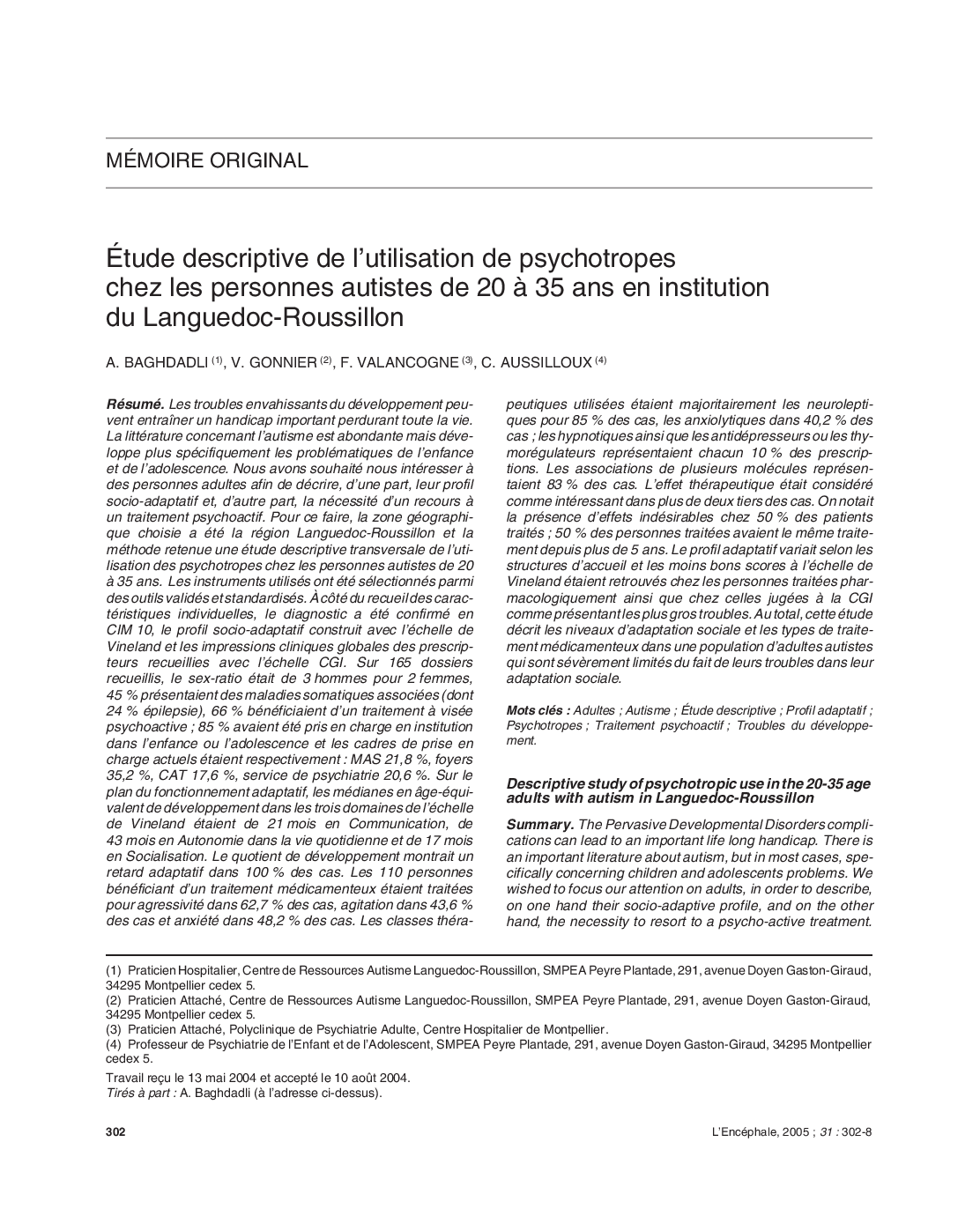 Ãtude descriptive de l'utilisation de psychotropes chez les personnes autistes de 20 Ã  35 ans en institution du Languedoc-Roussillon