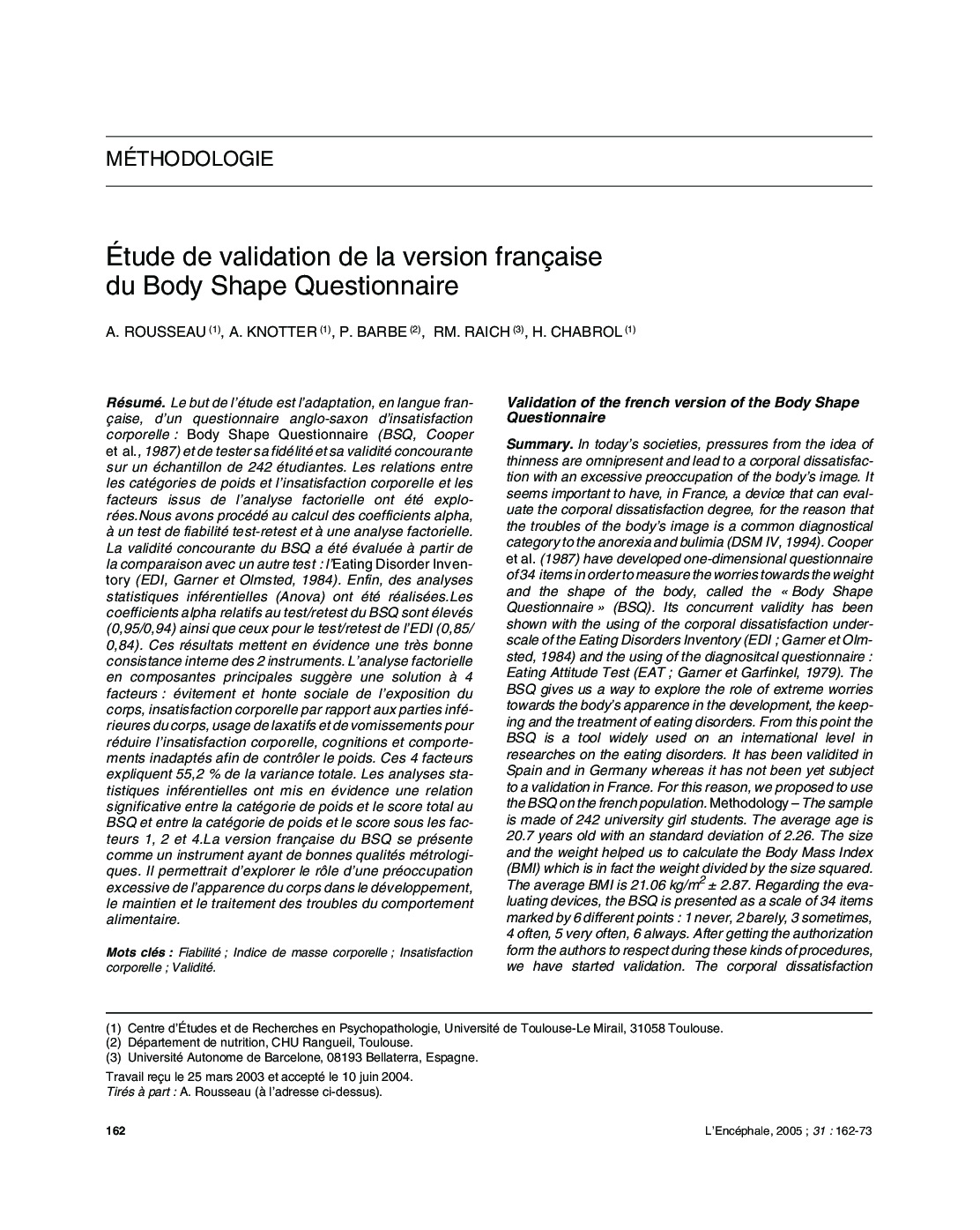 Ãtude de validation de la version française du Body Shape Questionnaire
