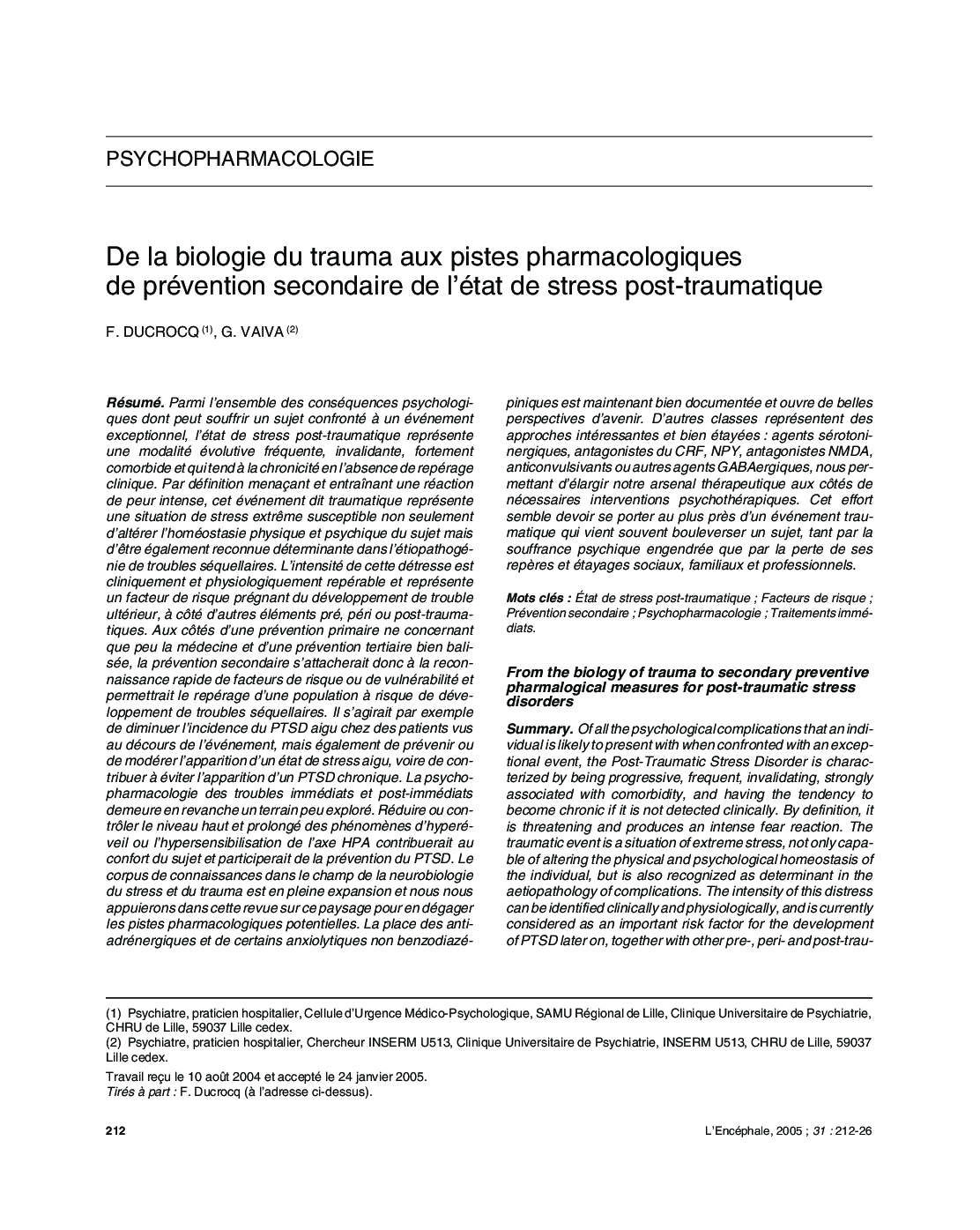 De la biologie du trauma aux pistes pharmacologiques de prévention secondaire de l'état de stress post-traumatique