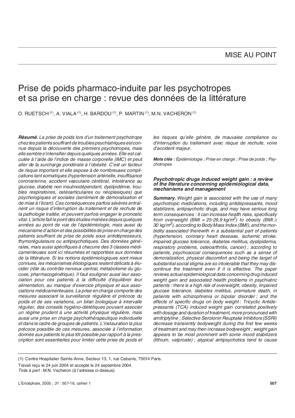 Prise de poids pharmaco-induite par les psychotropes et sa prise en charge : revue des données de la littérature