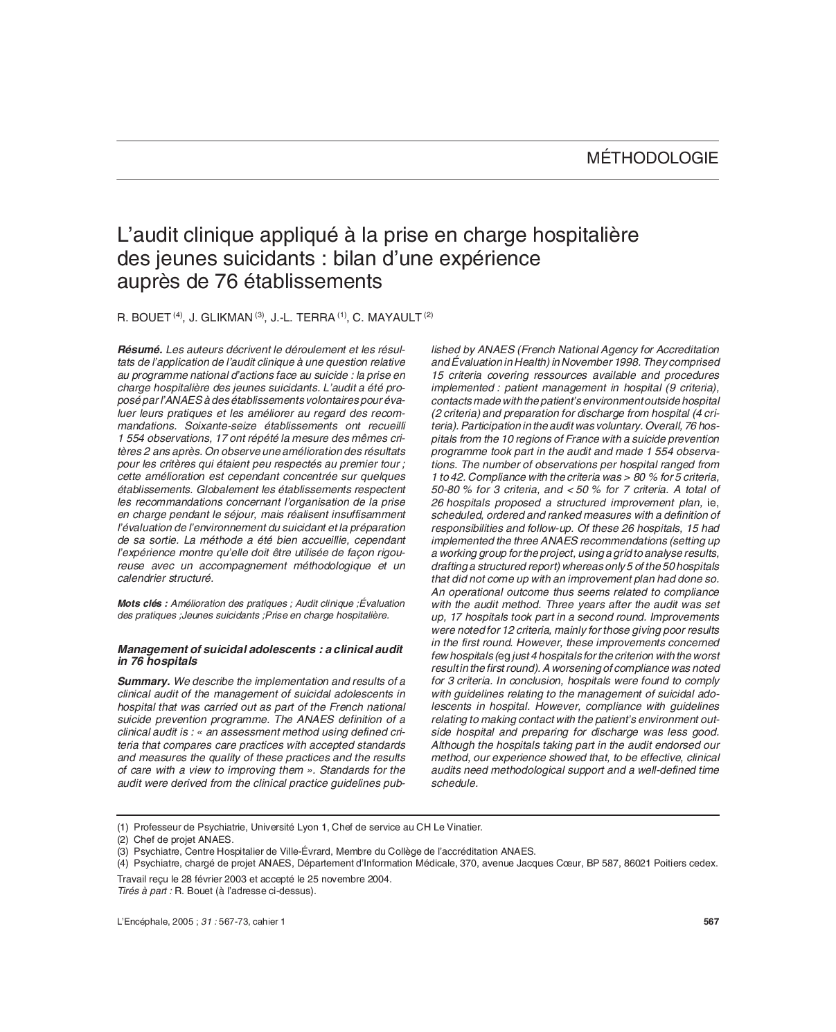 L'audit clinique appliqué Ã  la prise en charge hospitaliÃ¨re des jeunes suicidants : bilan d'une expérience auprÃ¨s de 76 établissements
