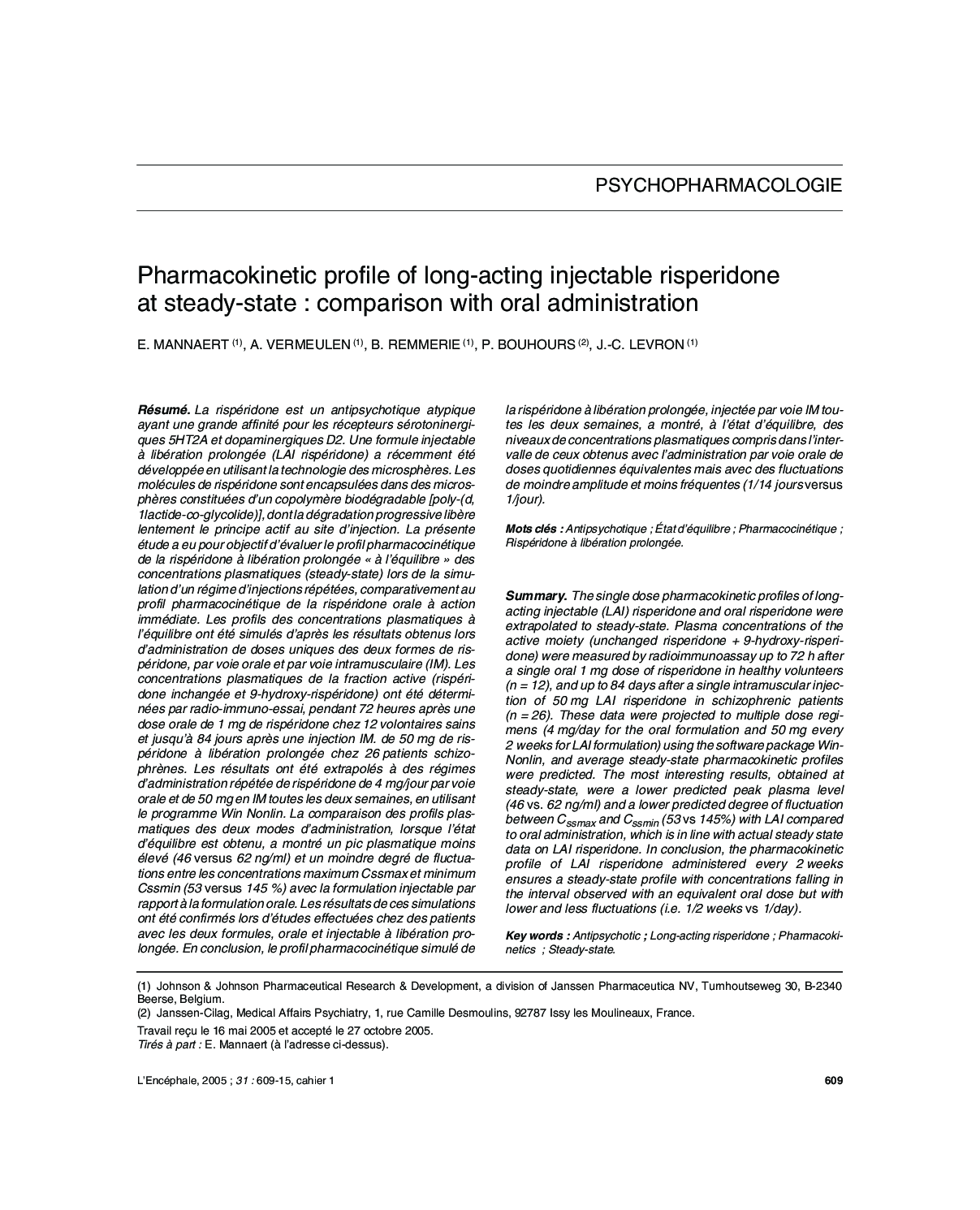 Pharmacokinetic profile of long-acting injectable risperidone at steady-state : comparison with oral administration