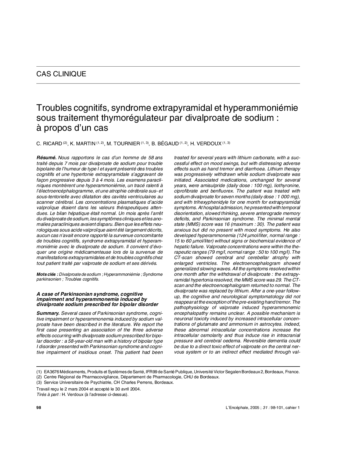 Troubles cognitifs, syndrome extrapyramidal et hyperammoniémie sous traitement thymorégulateur par divalproate de sodium : Ã  propos d'un cas