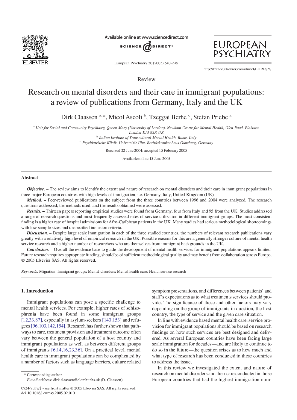 Research on mental disorders and their care in immigrant populations: a review of publications from Germany, Italy and the UK