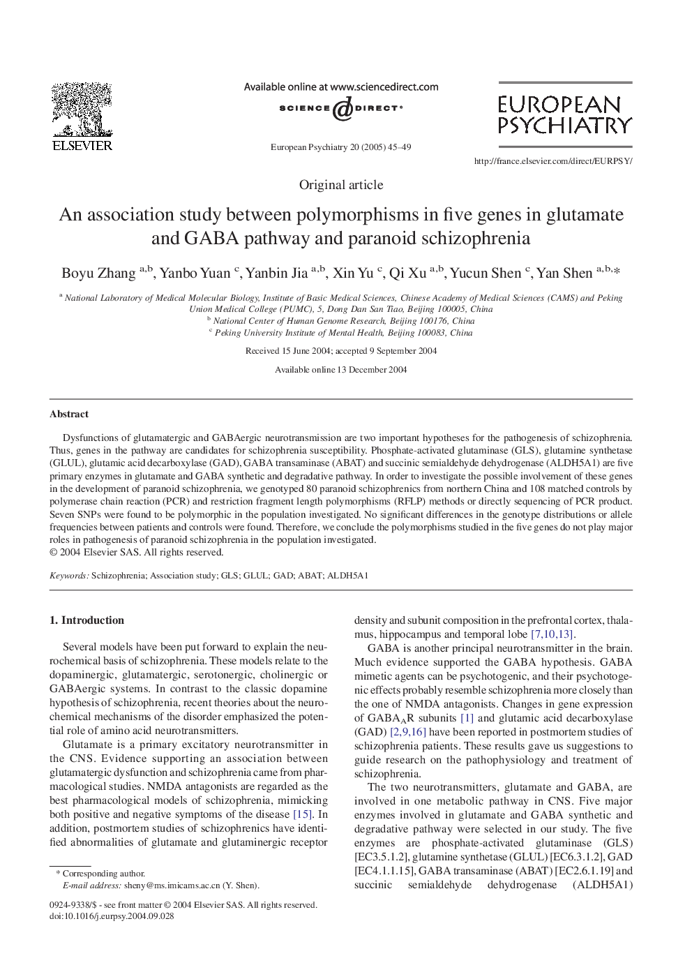 An association study between polymorphisms in five genes in glutamate and GABA pathway and paranoid schizophrenia