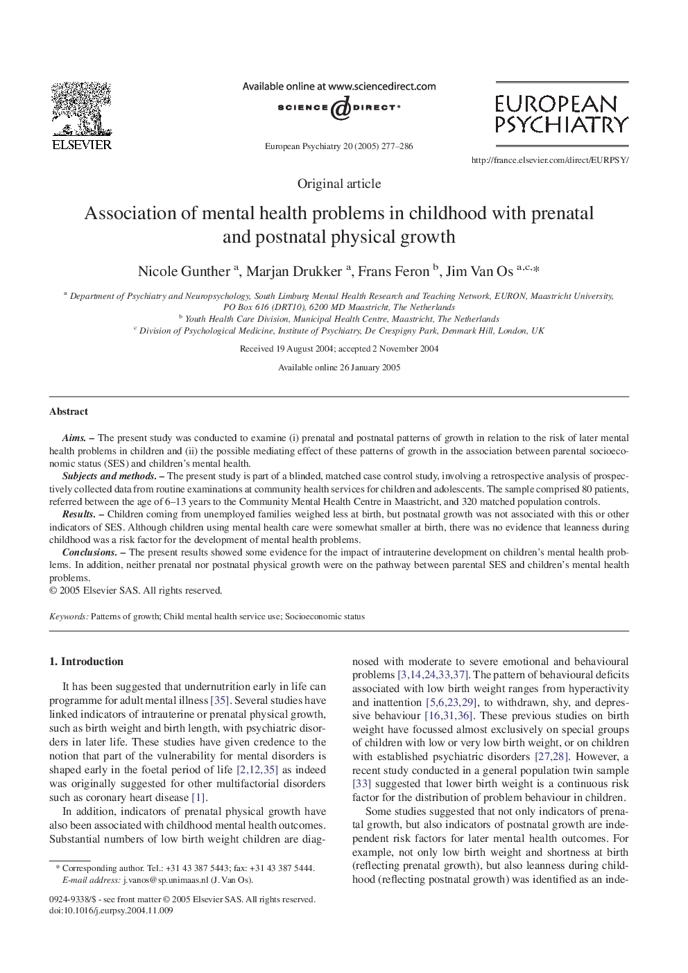 Association of mental health problems in childhood with prenatal and postnatal physical growth