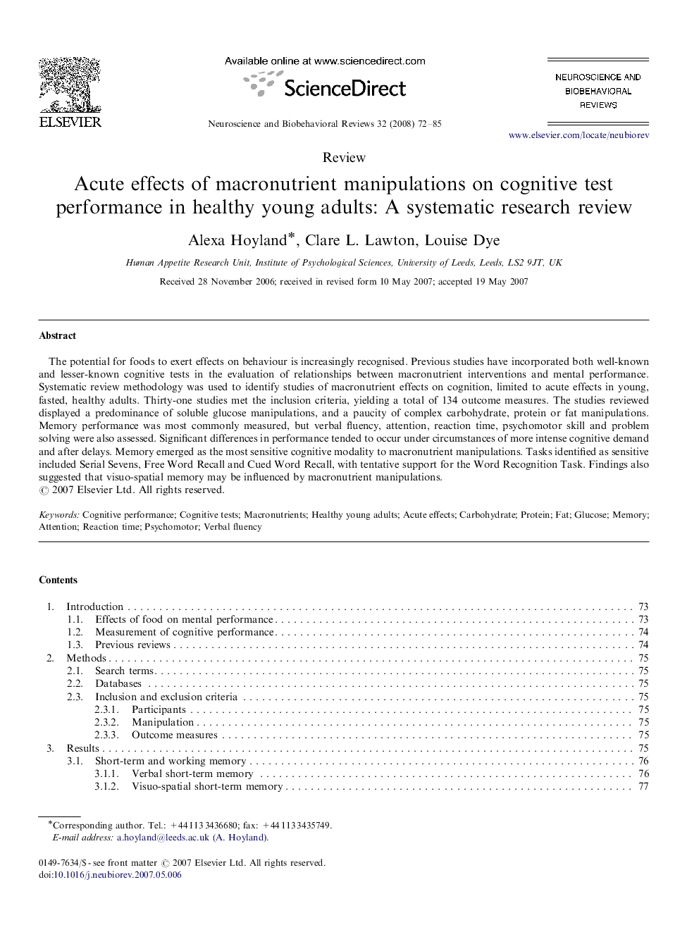 Acute effects of macronutrient manipulations on cognitive test performance in healthy young adults: A systematic research review