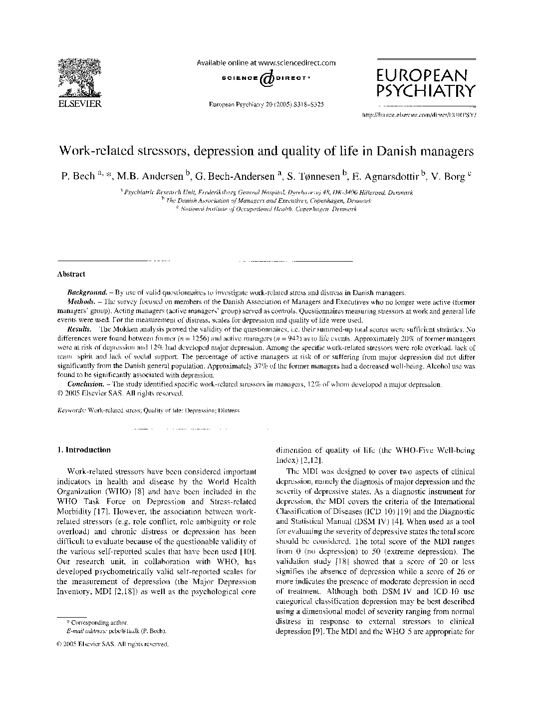 Work-related stressors, depression and quality of life in Danish managers