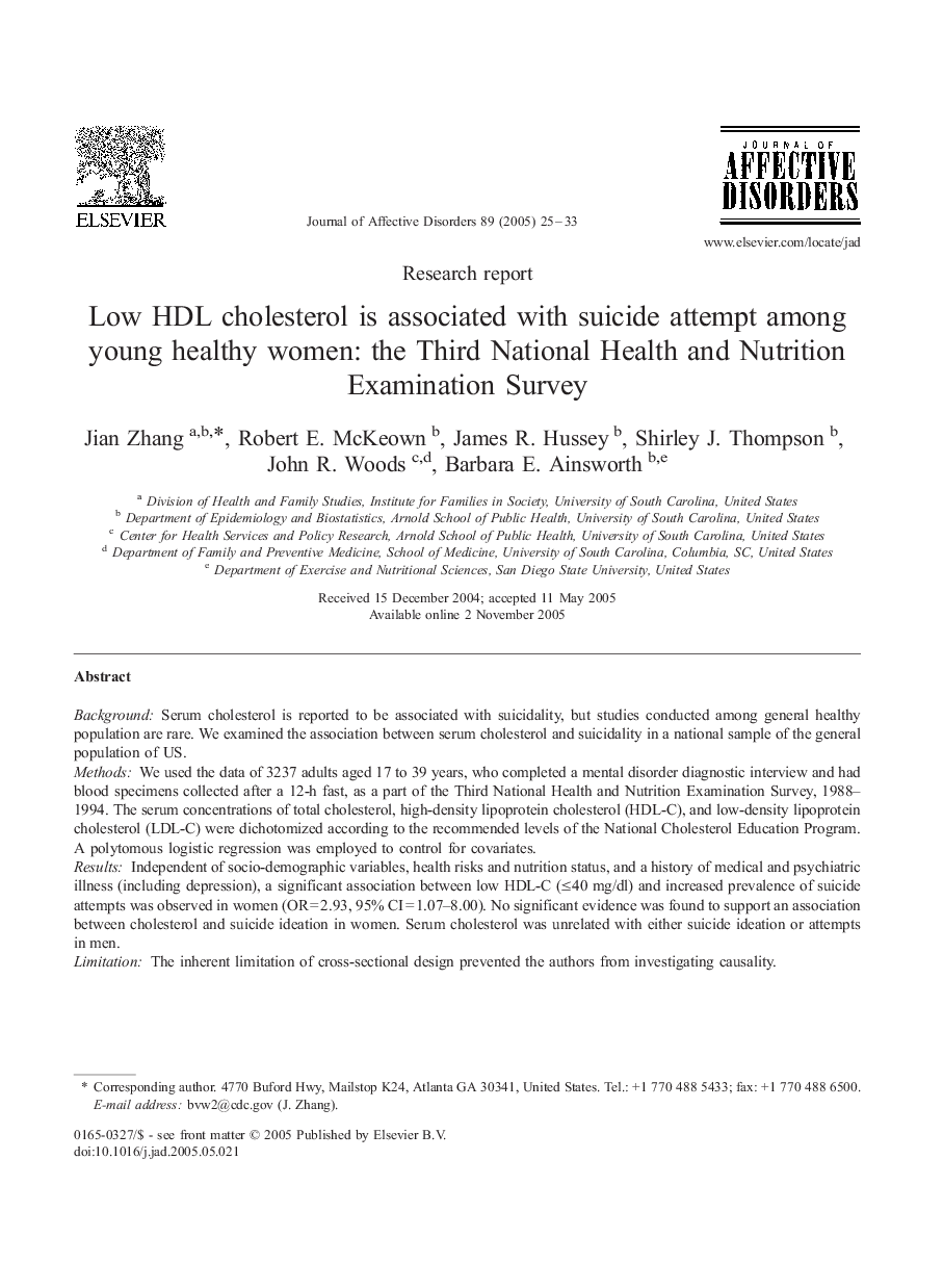 Low HDL cholesterol is associated with suicide attempt among young healthy women: the Third National Health and Nutrition Examination Survey