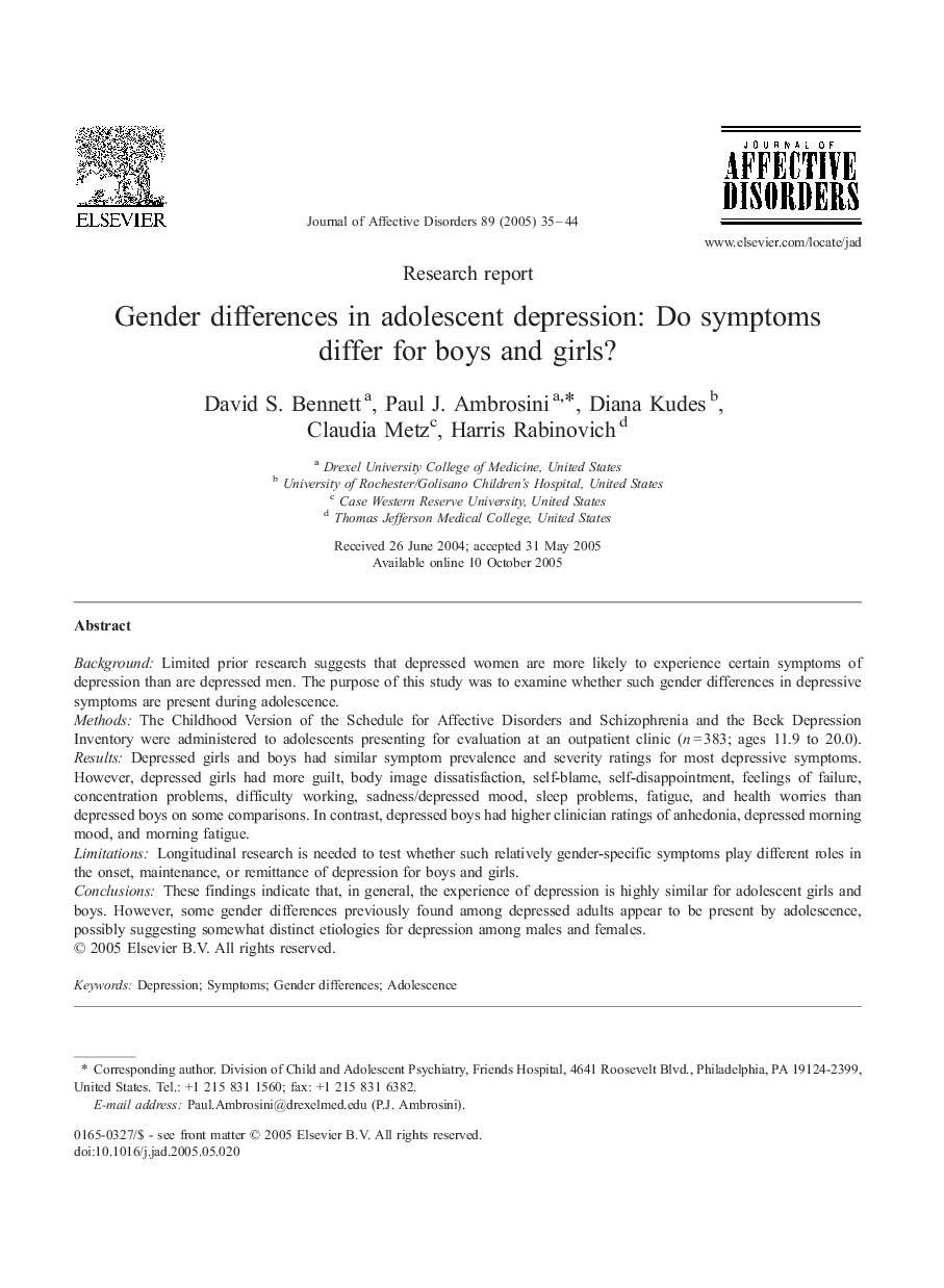 Gender differences in adolescent depression: Do symptoms differ for boys and girls?