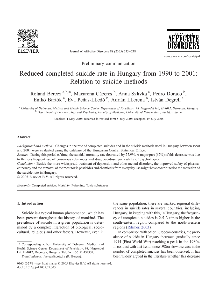 Reduced completed suicide rate in Hungary from 1990 to 2001: Relation to suicide methods