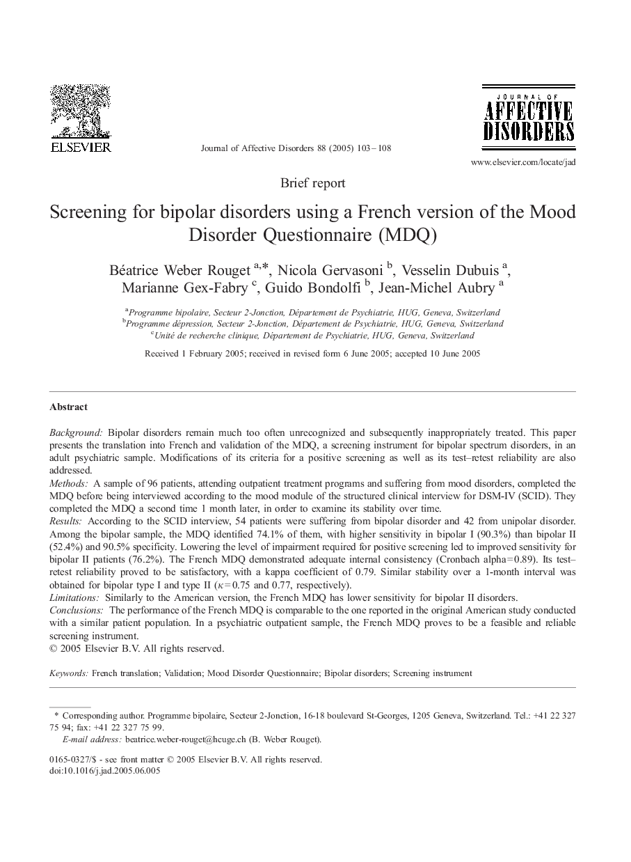 Screening for bipolar disorders using a French version of the Mood Disorder Questionnaire (MDQ)