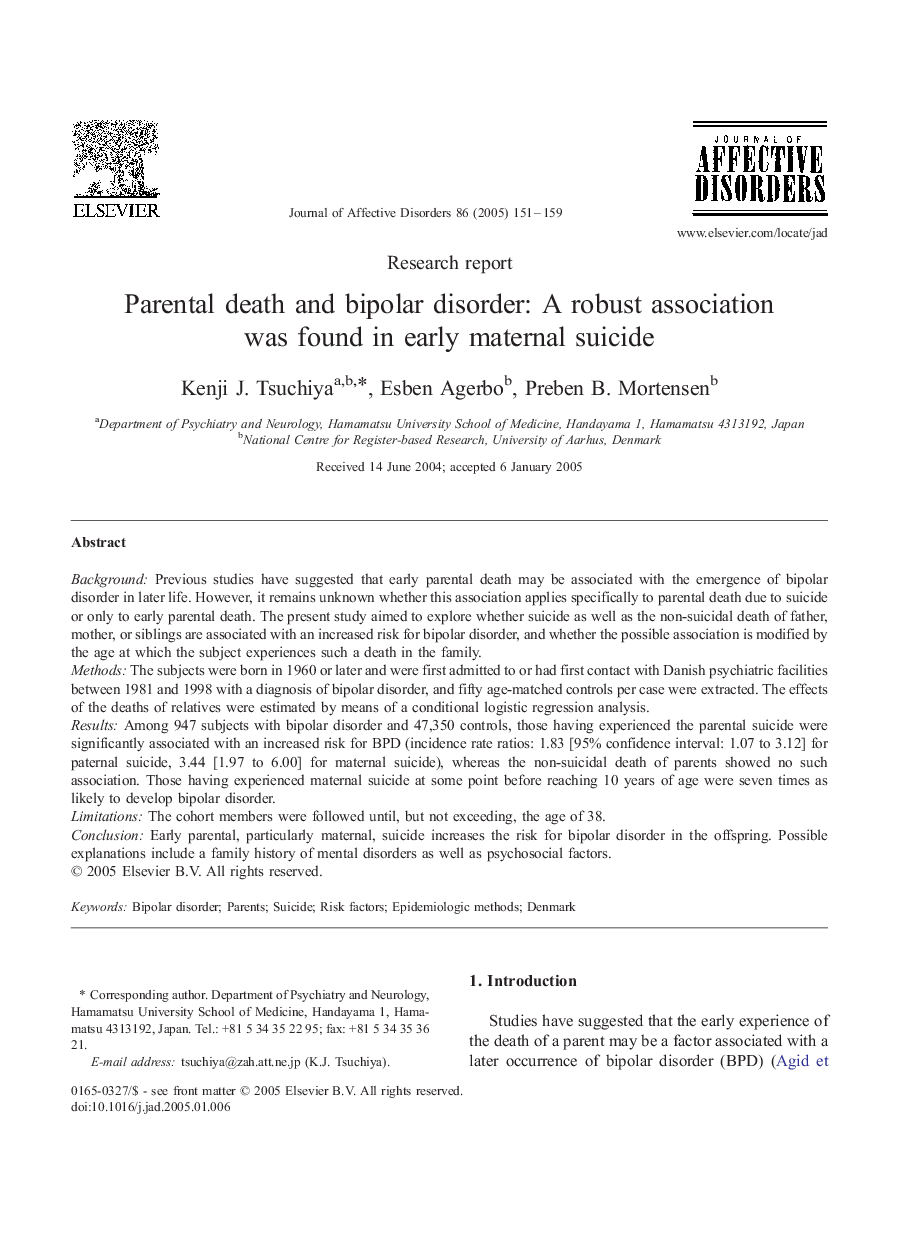 Parental death and bipolar disorder: A robust association was found in early maternal suicide