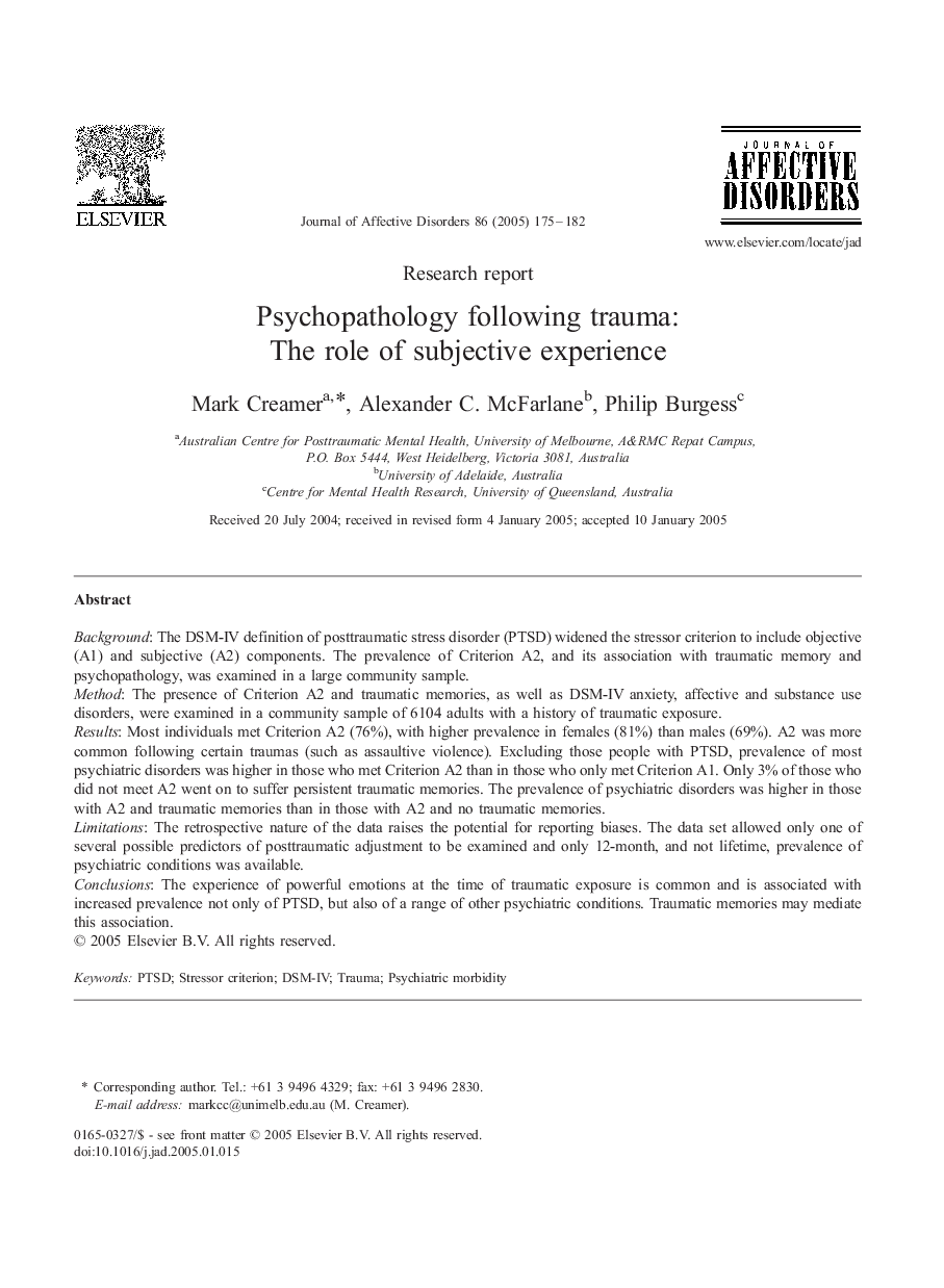 Psychopathology following trauma: The role of subjective experience