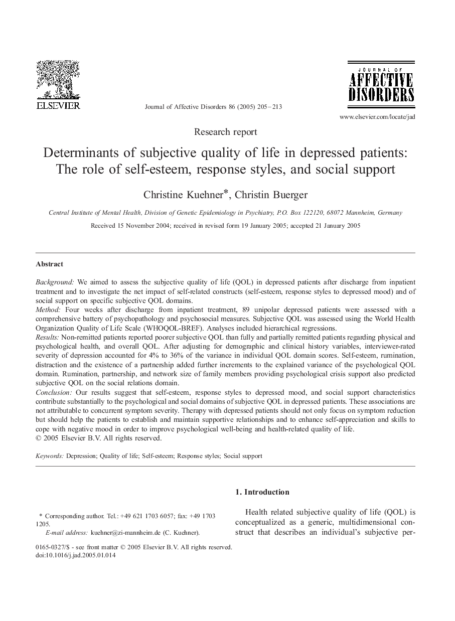 Determinants of subjective quality of life in depressed patients: The role of self-esteem, response styles, and social support