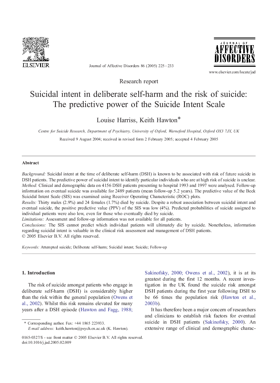 Suicidal intent in deliberate self-harm and the risk of suicide: The predictive power of the Suicide Intent Scale