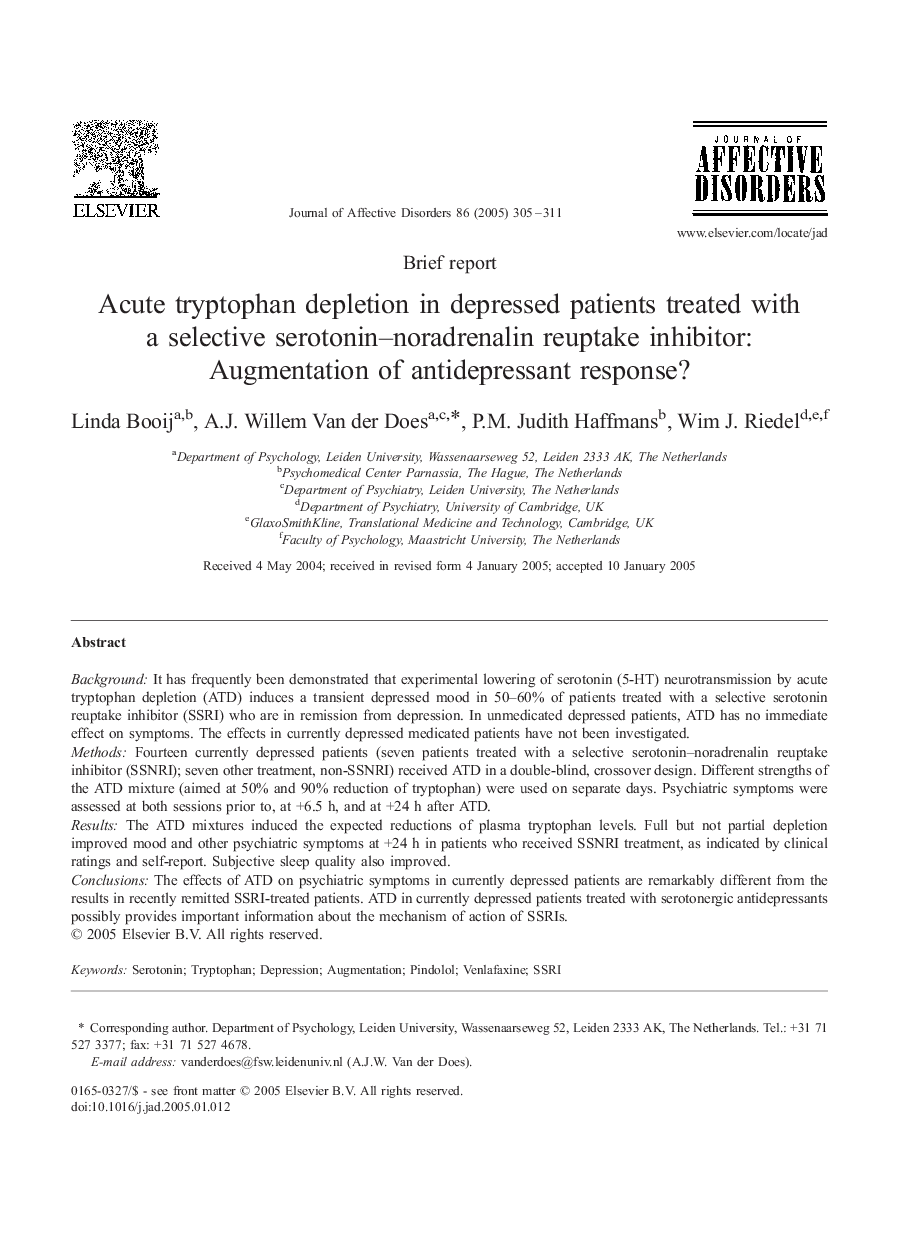 عکس صفحه اول مقاله: Acute tryptophan depletion in depressed patients treated with a selective serotonin-noradrenalin reuptake inhibitor: Augmentation of antidepressant response? Acute tryptophan depletion in depressed patients treated with a selective serotonin-noradrenalin reuptake inhibitor: Augmentation of antidepressant response?