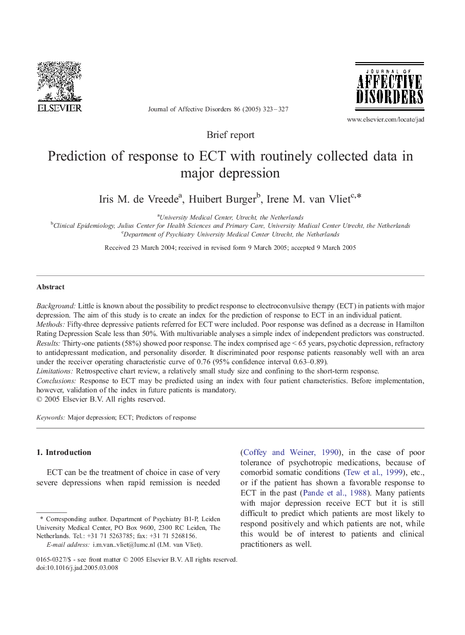 Prediction of response to ECT with routinely collected data in major depression