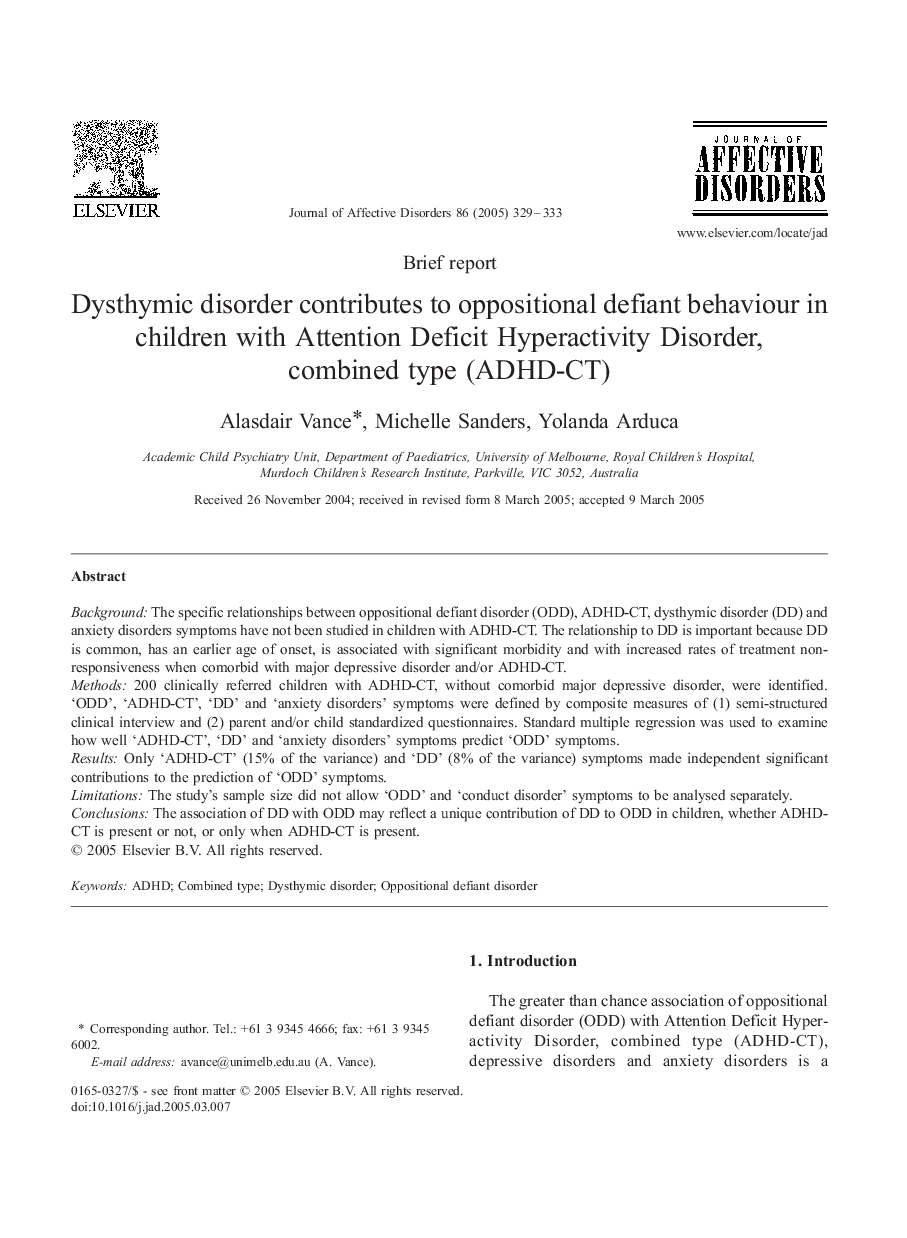 Dysthymic disorder contributes to oppositional defiant behaviour in children with Attention Deficit Hyperactivity Disorder, combined type (ADHD-CT)